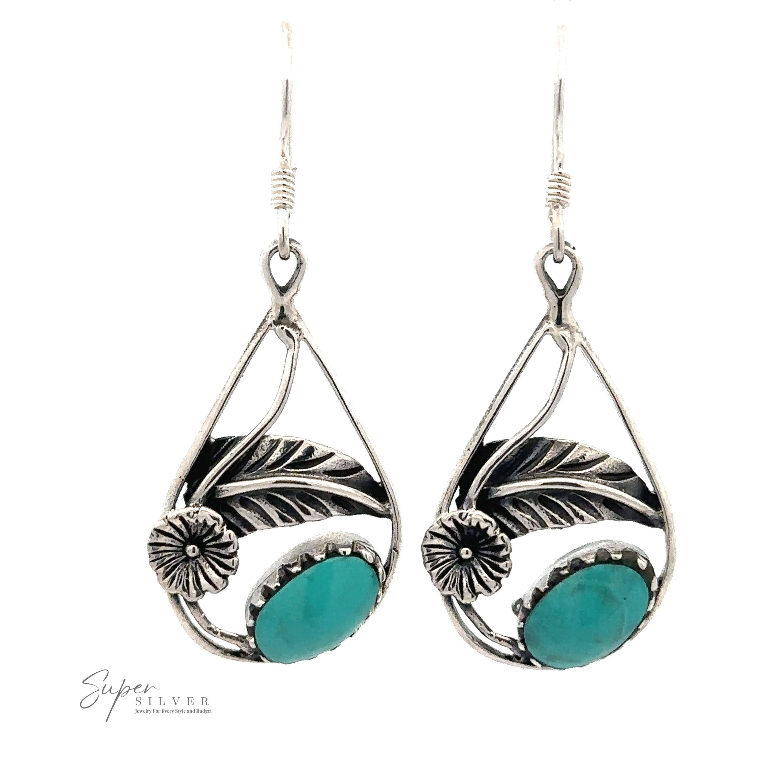 A pair of Inlaid Teardrop Earrings With Floral Setting featuring leaf and flower designs with turquoise stones, displayed against a white background. "Super Silver" logo is visible in the bottom left corner.