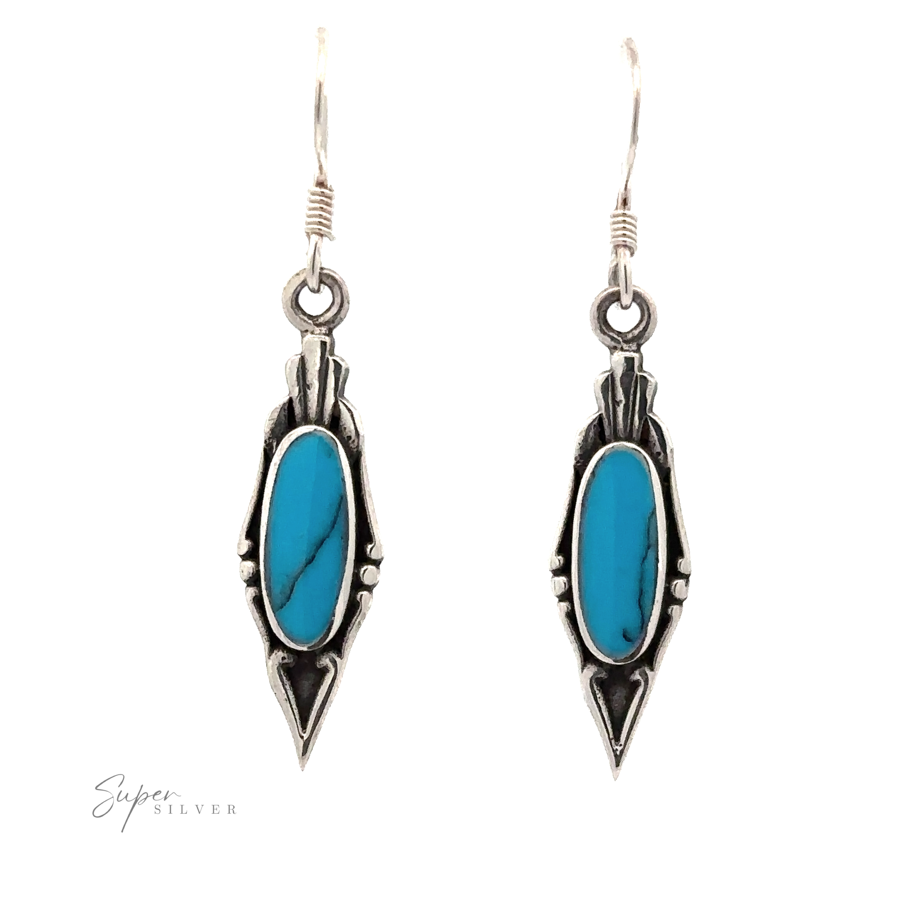 A pair of Elegant Inlaid Earrings with Oval Stone. The vintage design features intricate detailing around the stones.
