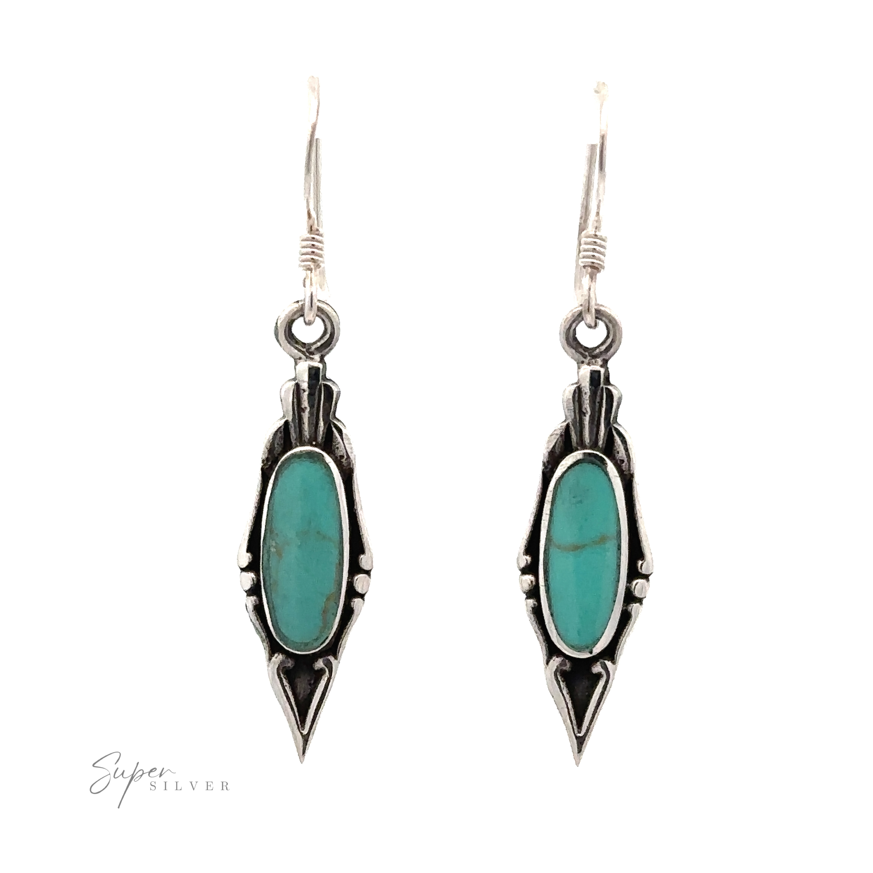 A pair of Elegant Inlaid Earrings with Oval Stone featuring elongated turquoise stones set in detailed, vintage-inspired silver frames.