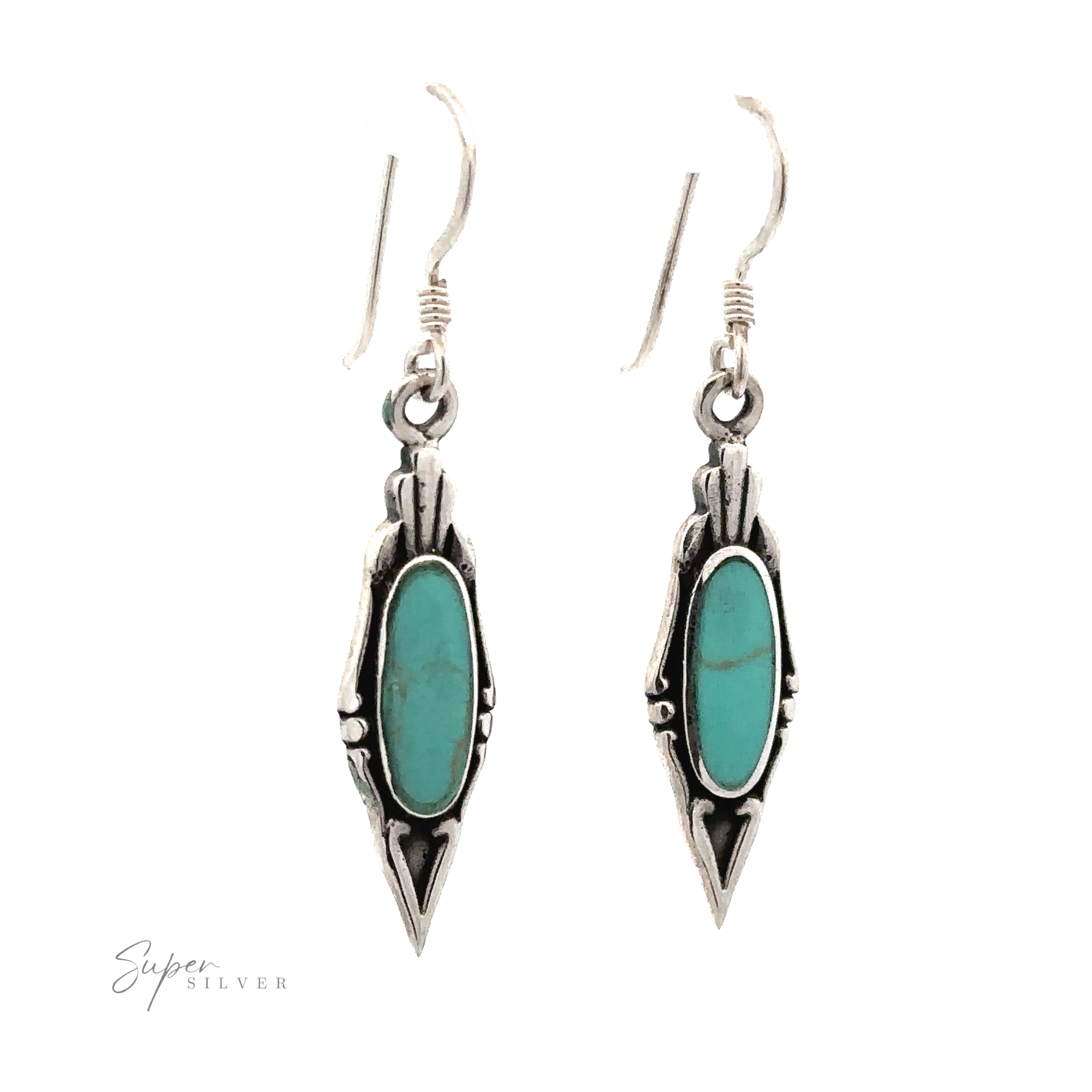 Elegant Inlaid Earrings with Oval Stone featuring a vertical turquoise stone set in an ornate vintage design with pointed ends.