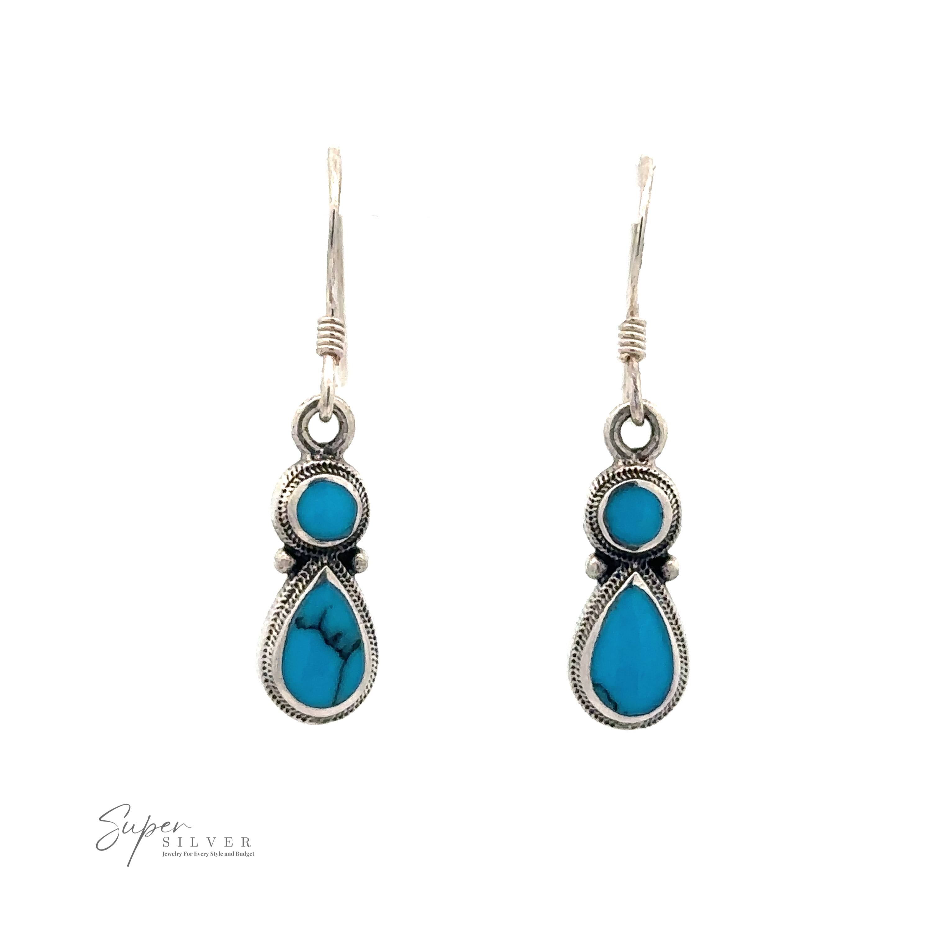A pair of Turquoise Earrings With Circle and Teardrop Design, featuring circular and teardrop-shaped blue turquoise stones. The brand "Super Silver" is marked at the bottom left corner.