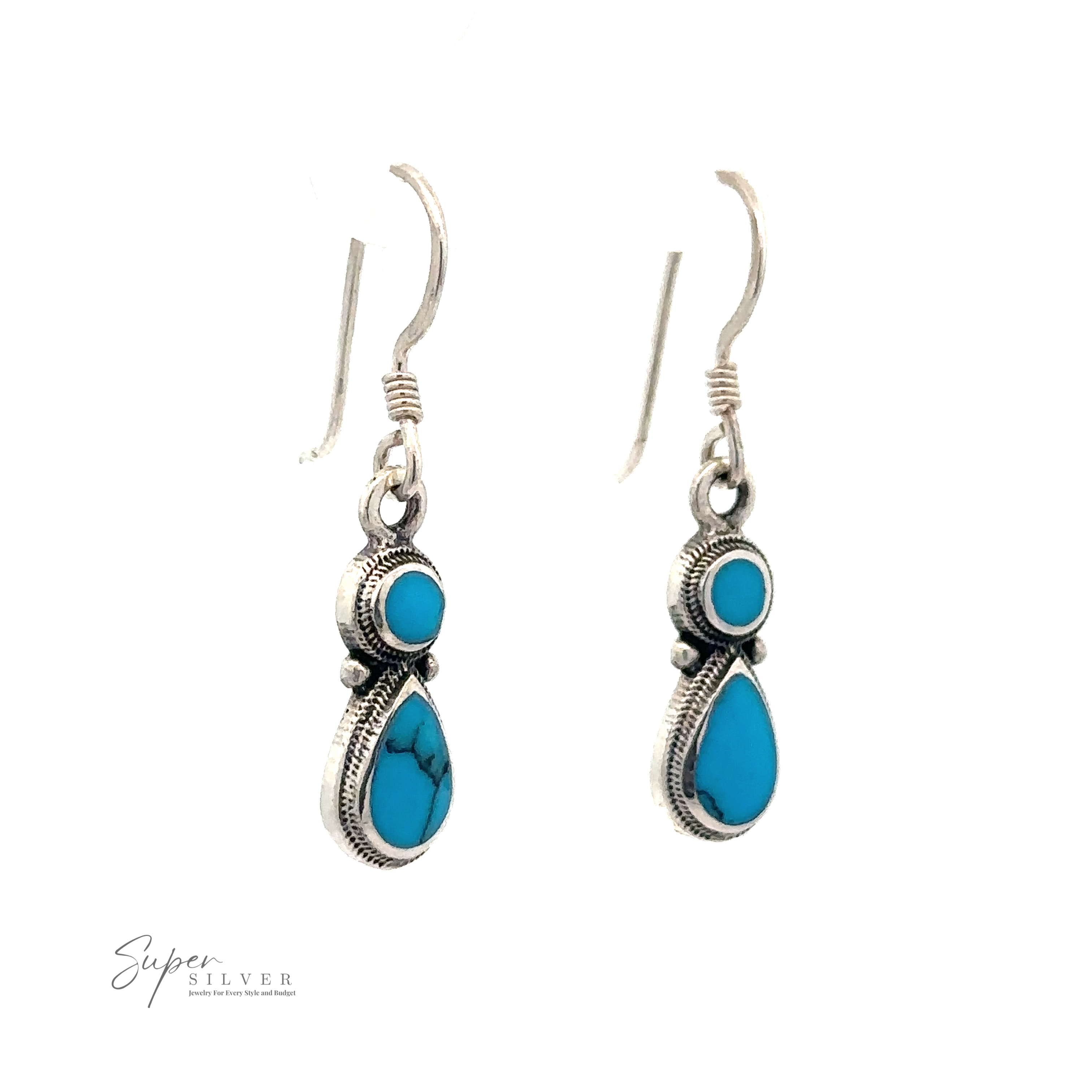 A pair of Turquoise Earrings With Circle and Teardrop Design, each set in decorative silver bezels with hooks for hanging, showcases elegant teardrop design elements.