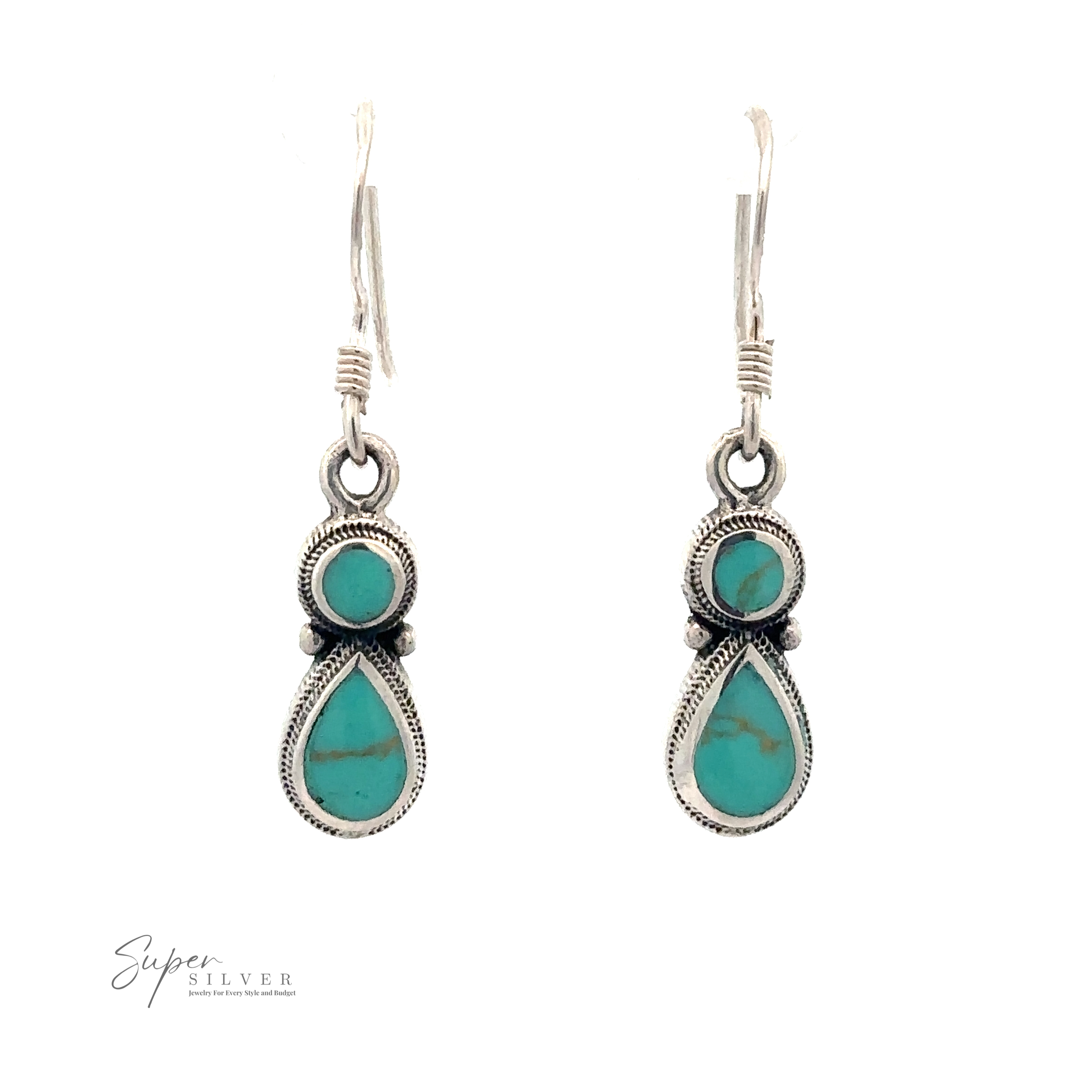 Pair of dangling Turquoise Earrings With Circle and Teardrop Design set in sterling silver.
