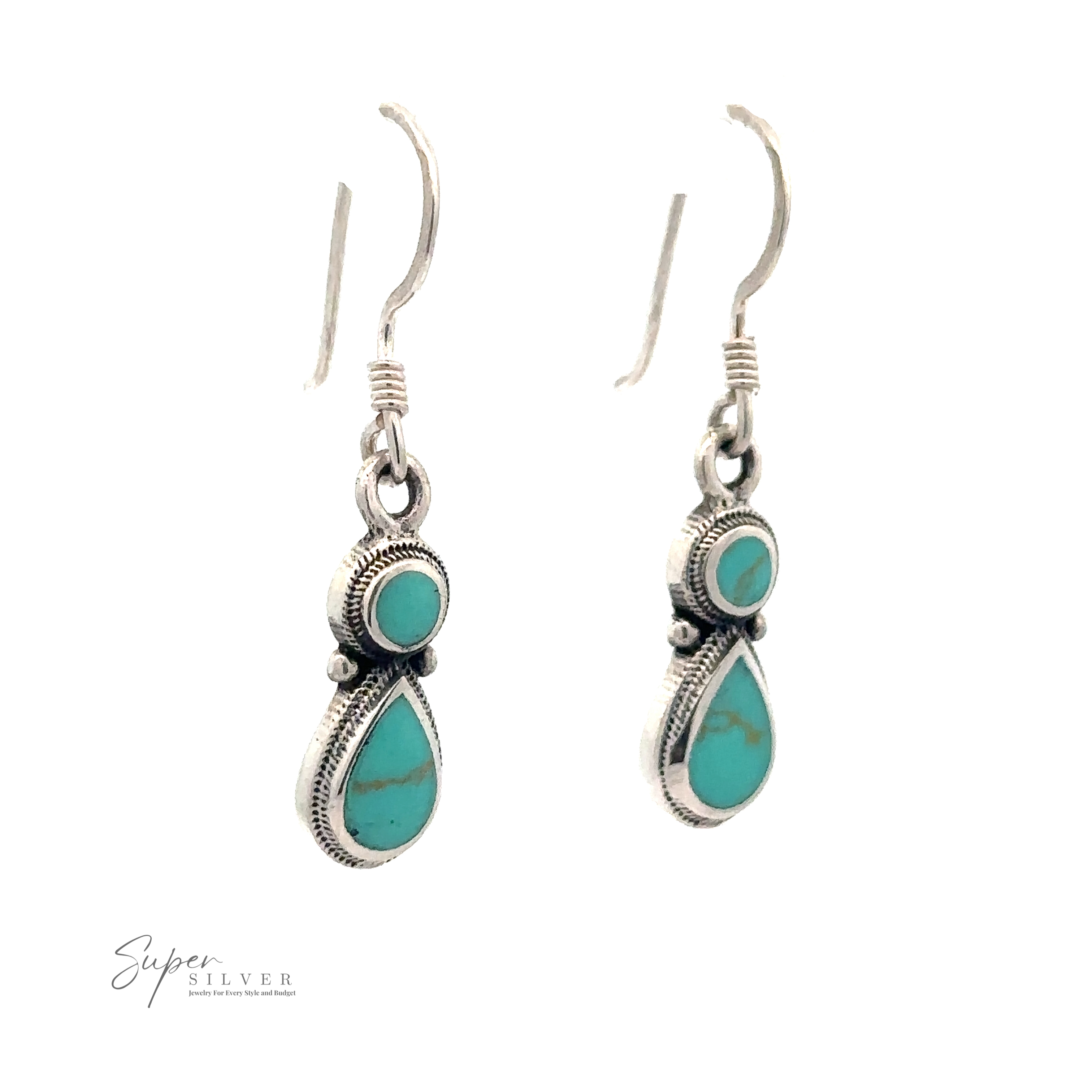 A pair of Turquoise Earrings With Circle and Teardrop Design featuring round and teardrop-shaped turquoise stones in an ornate setting.