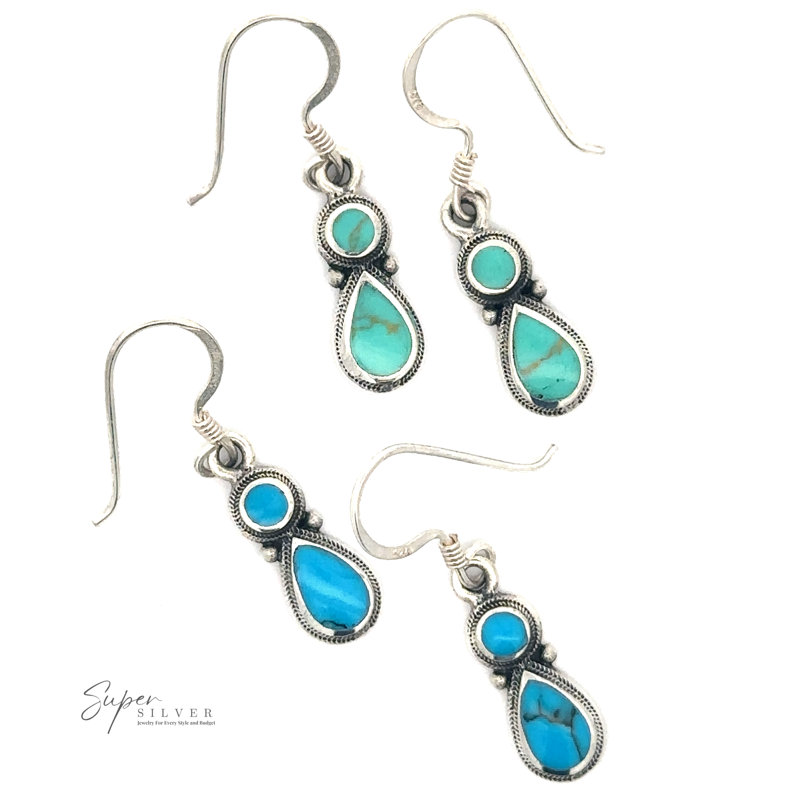 Two pairs of Turquoise Earrings With Circle and Teardrop Design with sterling silver hooks, featuring turquoise and blue stone teardrop designs. The text "Super Silver" is visible in the bottom left corner.