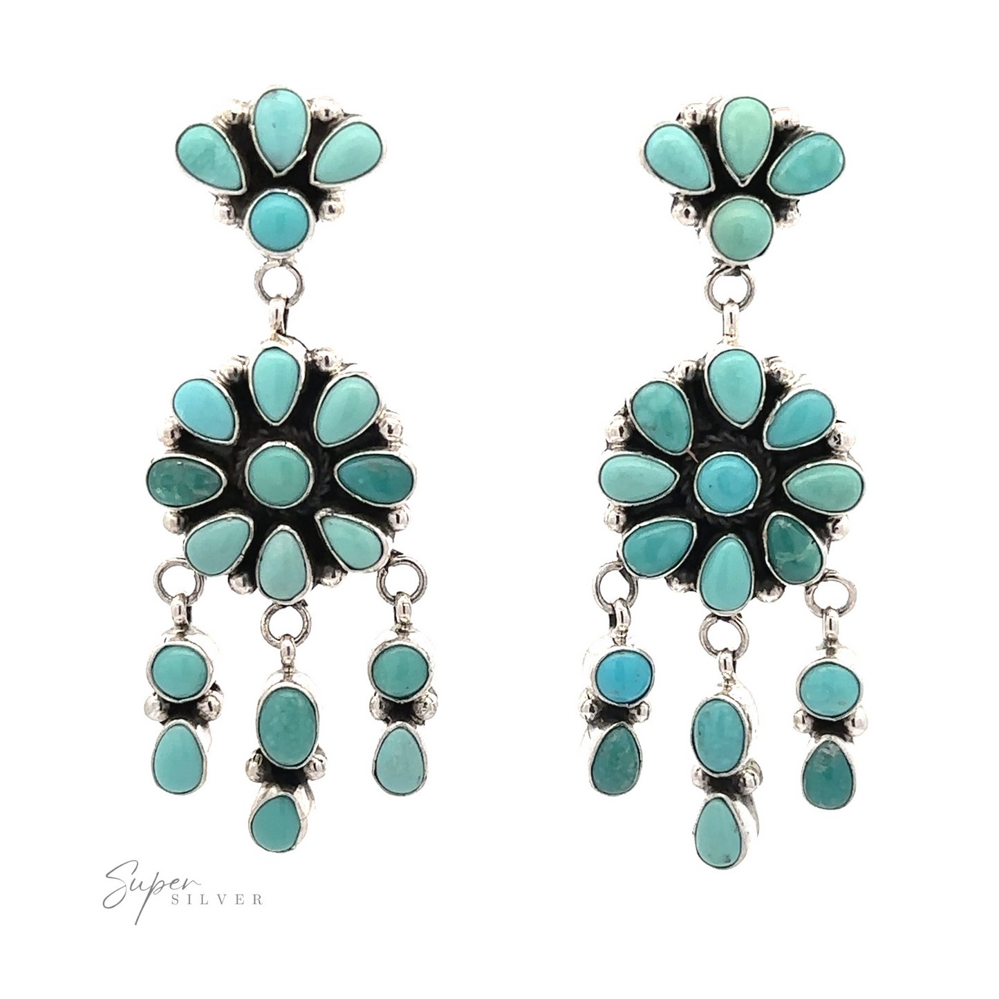 A pair of Native American Turquoise Flower Earrings in a floral design, showcasing exquisite Native American craftsmanship, isolated on a white background with "super silver" text logo at the bottom.