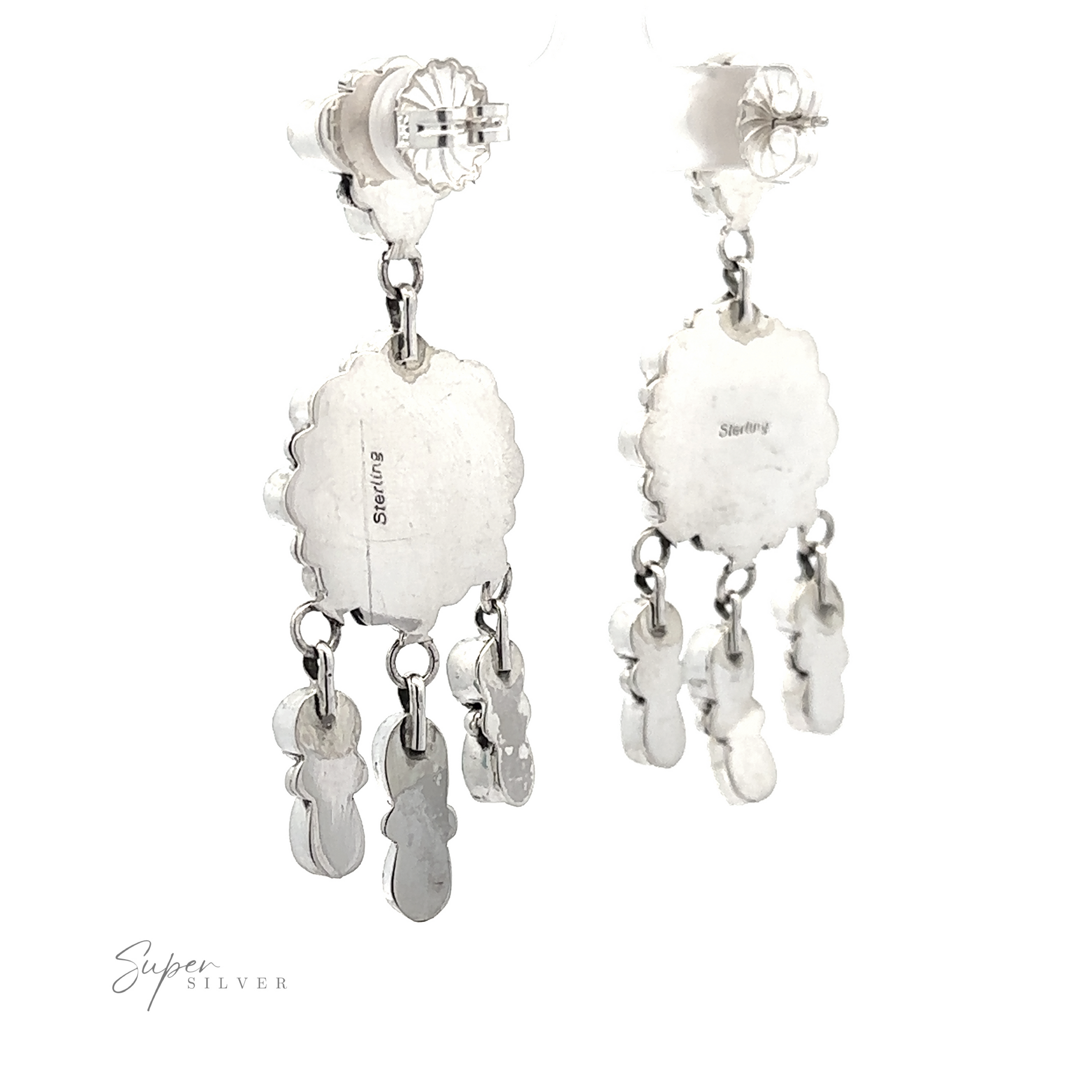 A pair of Native American Turquoise Flower Earrings featuring Native American craftsmanship with scalloped oval studs and multiple dangling elements, isolated on a white background.