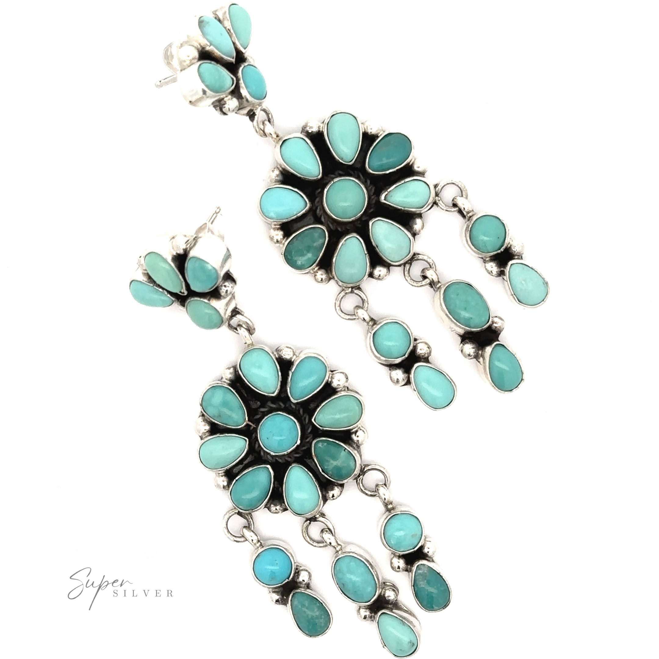 A pair of Native American Turquoise Flower Earrings featuring Native American craftsmanship, with a silver floral design displayed on a white background.