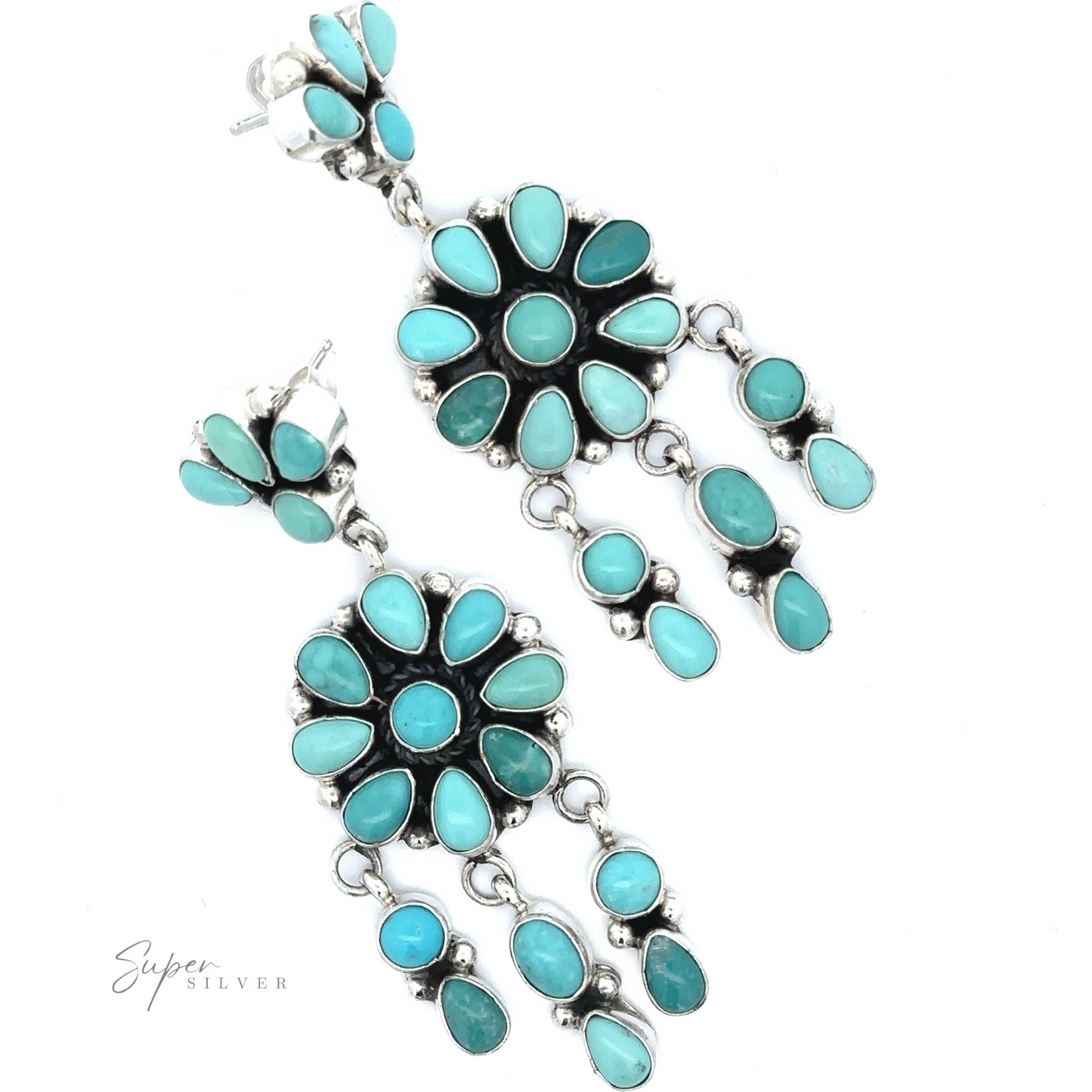 A pair of Native American Turquoise Flower Earrings isolated on a white background.