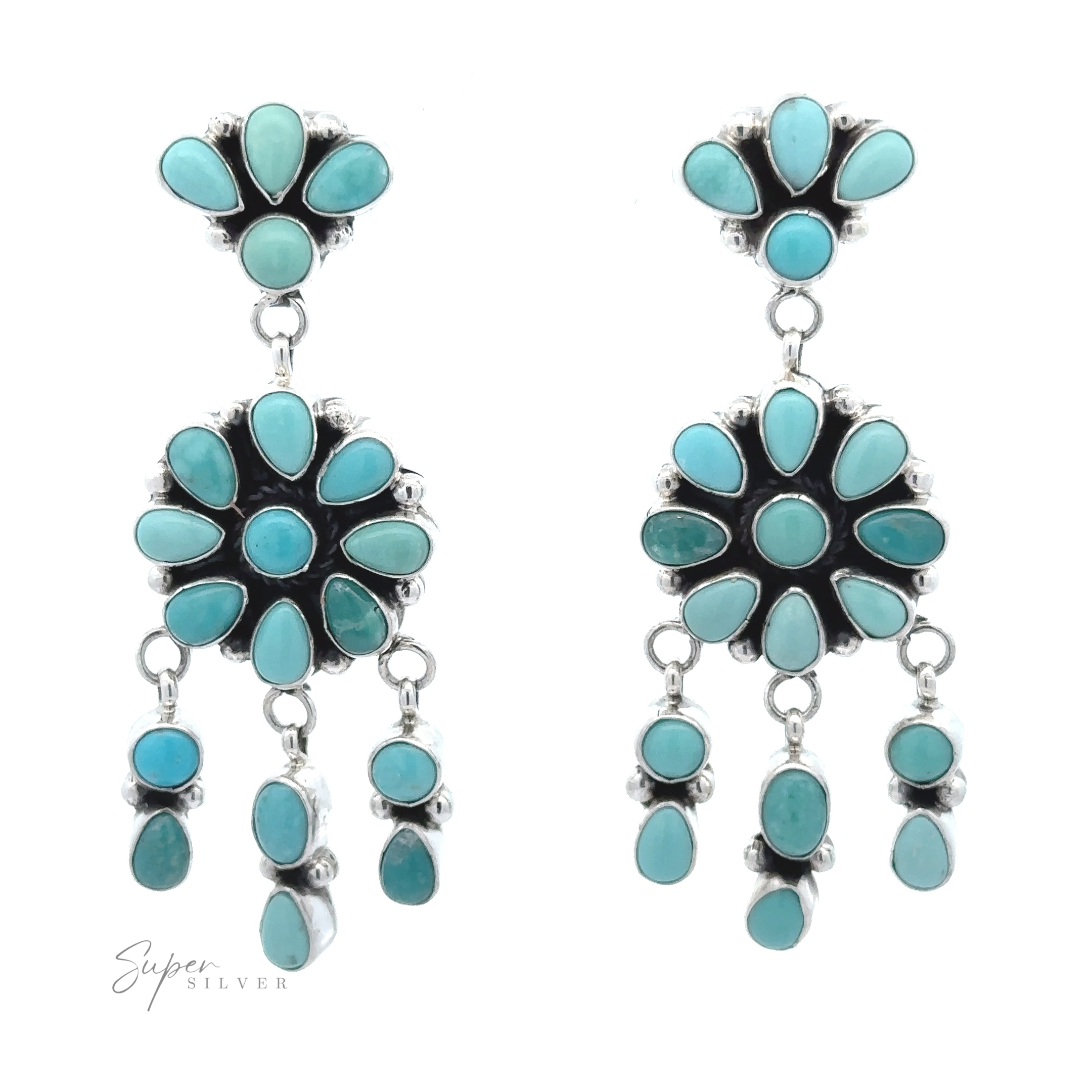 A pair of Native American Turquoise Flower Earrings, featuring Native American craftsmanship with flower-like designs, oval stones, and drop elements.