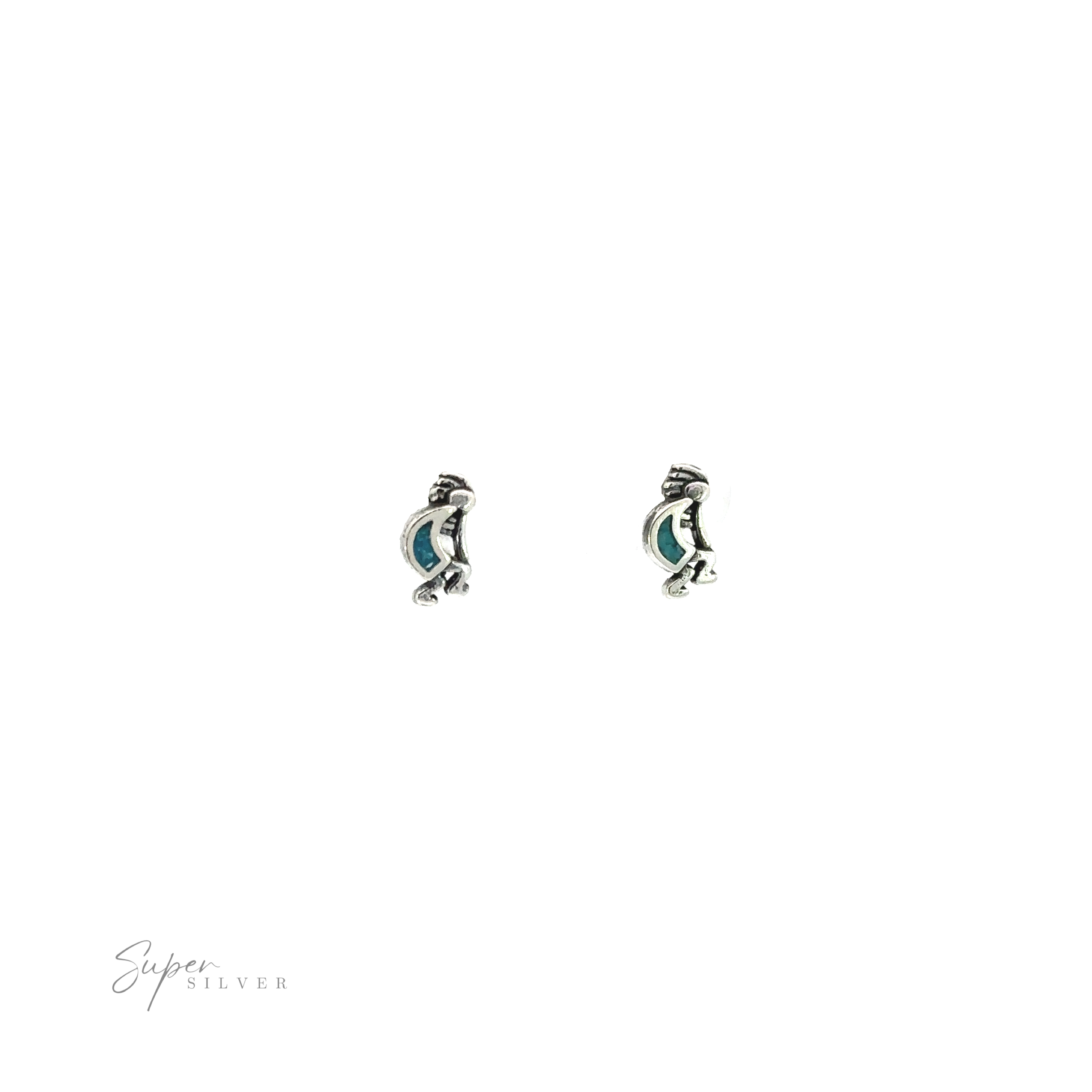 A pair of Turquoise Kokopelli Studs with reconstituted turquoise stones.