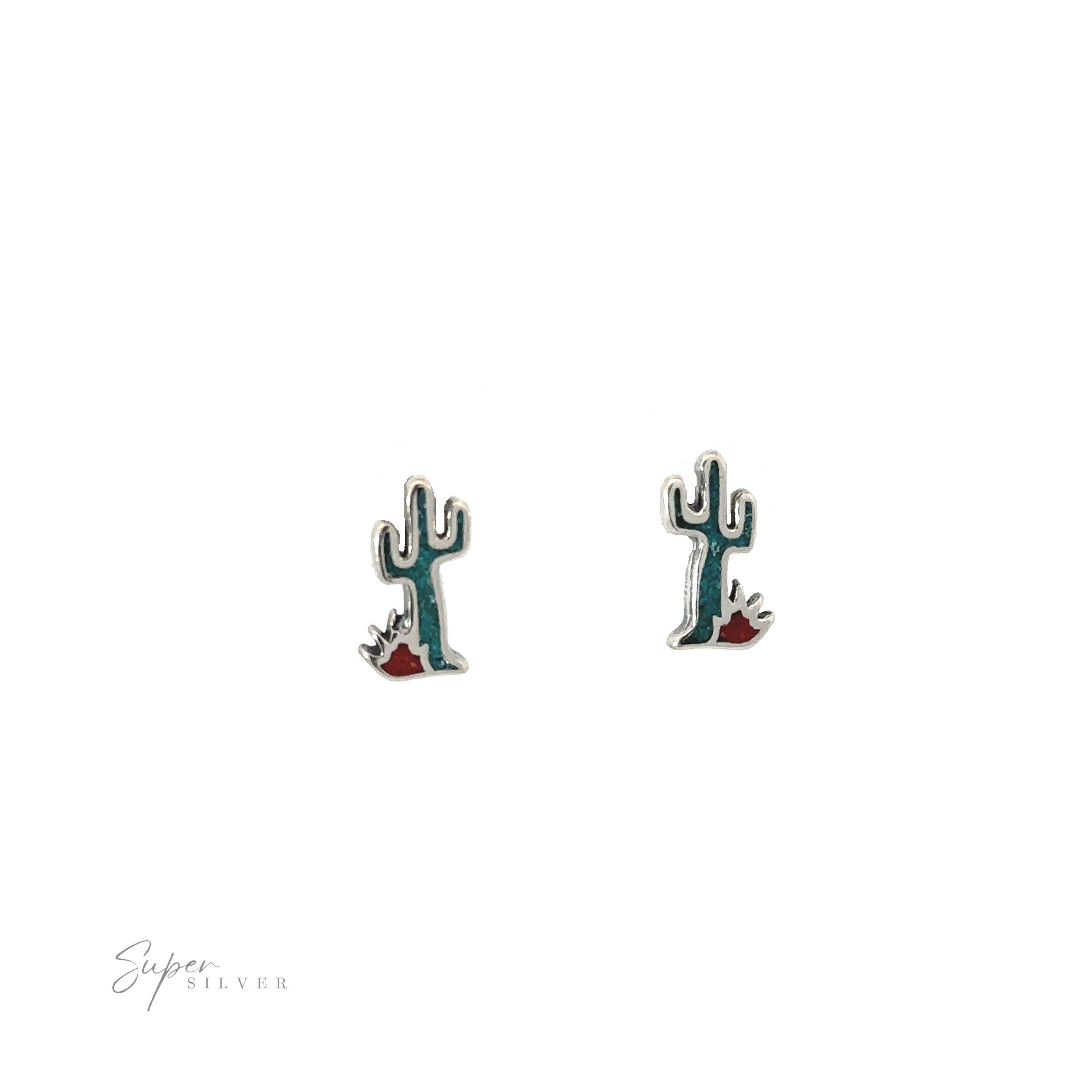 A pair of Coral and Turquoise Cactus Studs on a white background featuring turquoise accents.