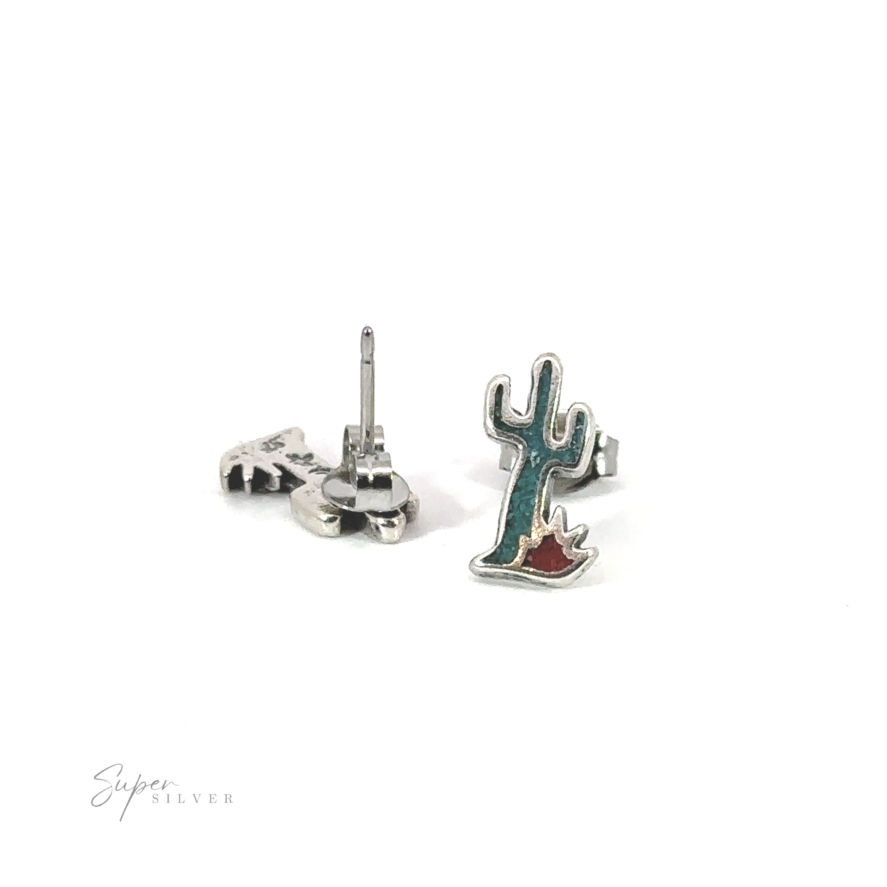 A pair of Coral and Turquoise Cactus Studs on a white background, showcasing their vibrant turquoise color.