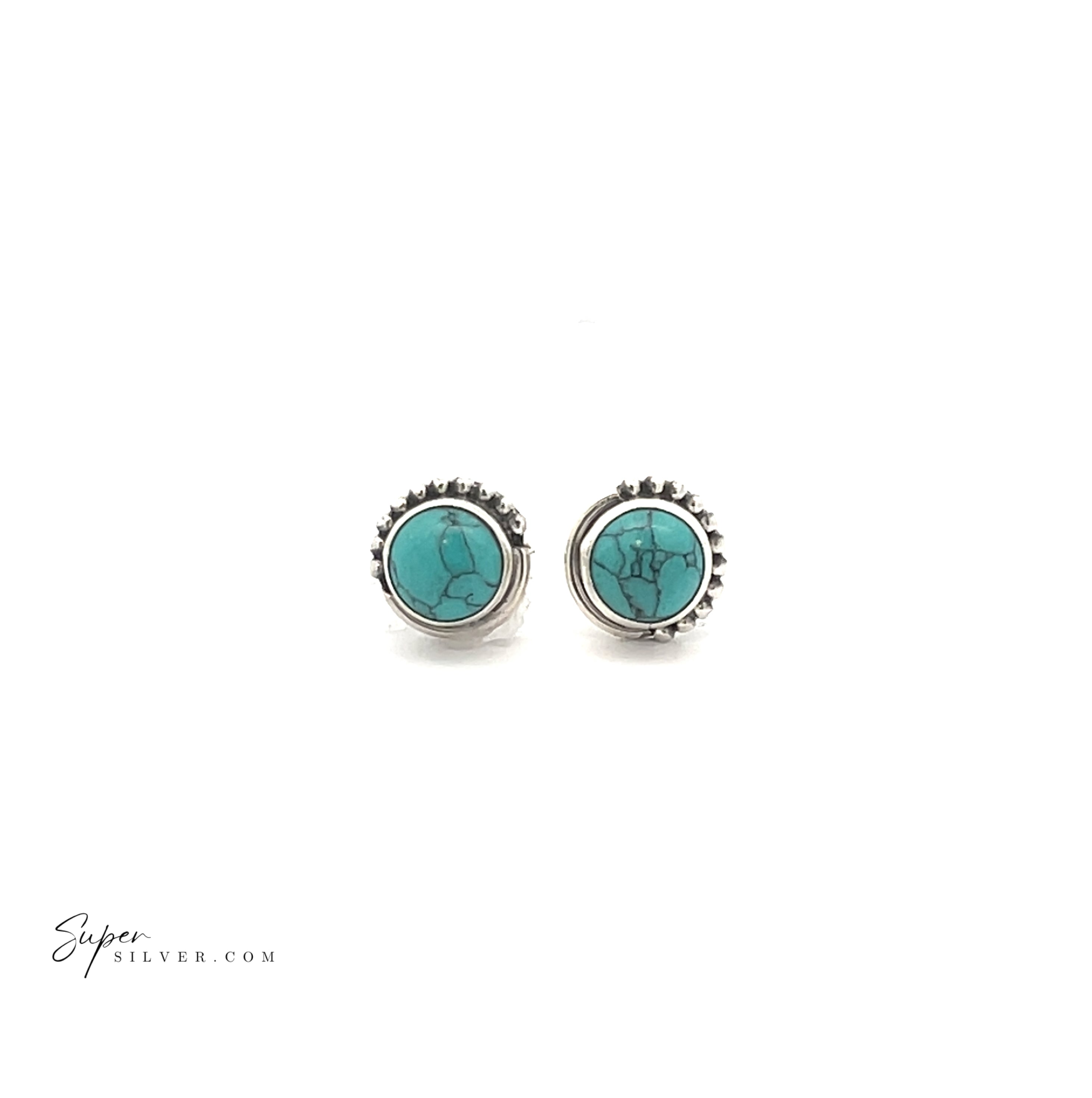 5mm Gemstone Studs With Half Bead Design featuring round turquoise centers and silver beaded borders, shown on a white background with the "SuperSilver.com" logo in the lower left corner.