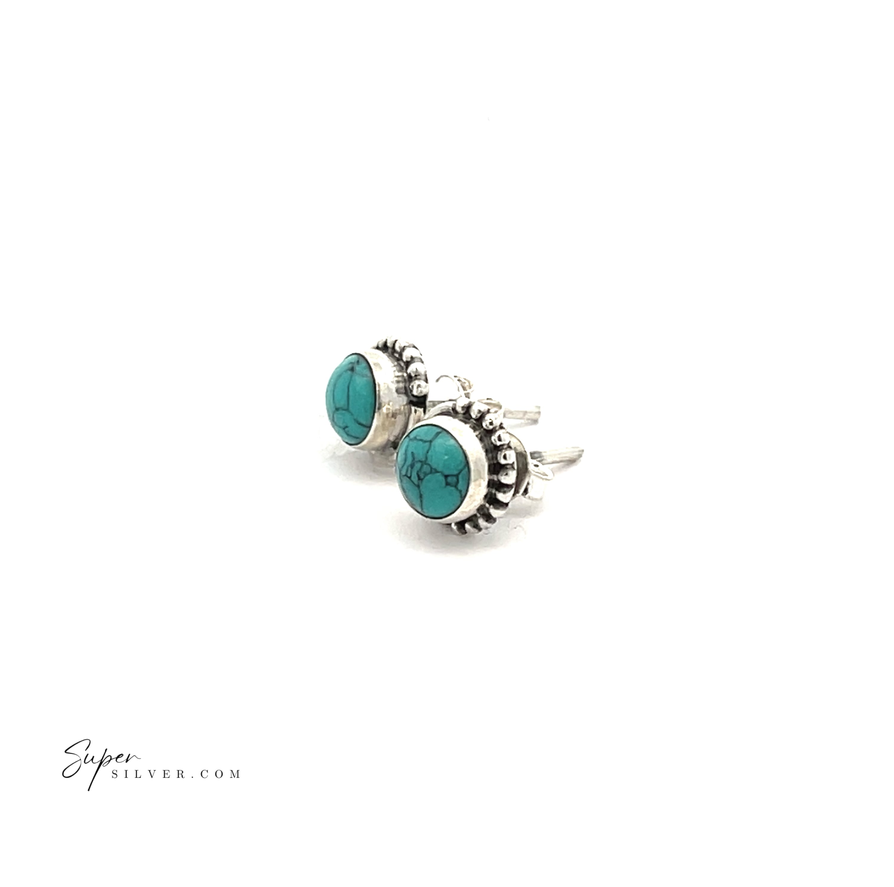 A pair of 5mm Gemstone Studs With Half Bead Design, crafted from sterling silver and featuring turquoise stones with decorative metal detailing, shown on a white background.