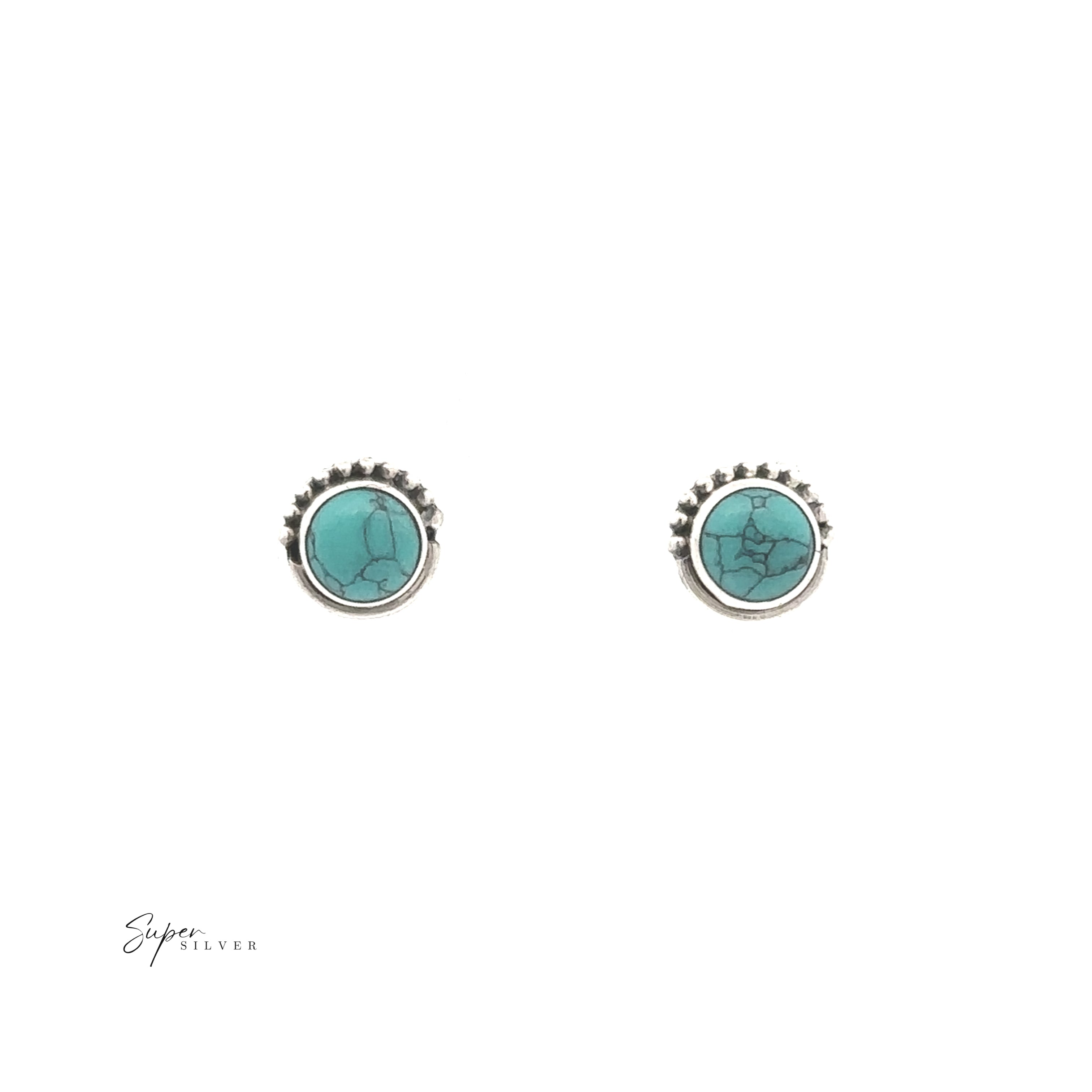 The 5mm Gemstone Studs With Half Bead Design feature round turquoise stones bezel-set in sterling silver, displayed against a white background.