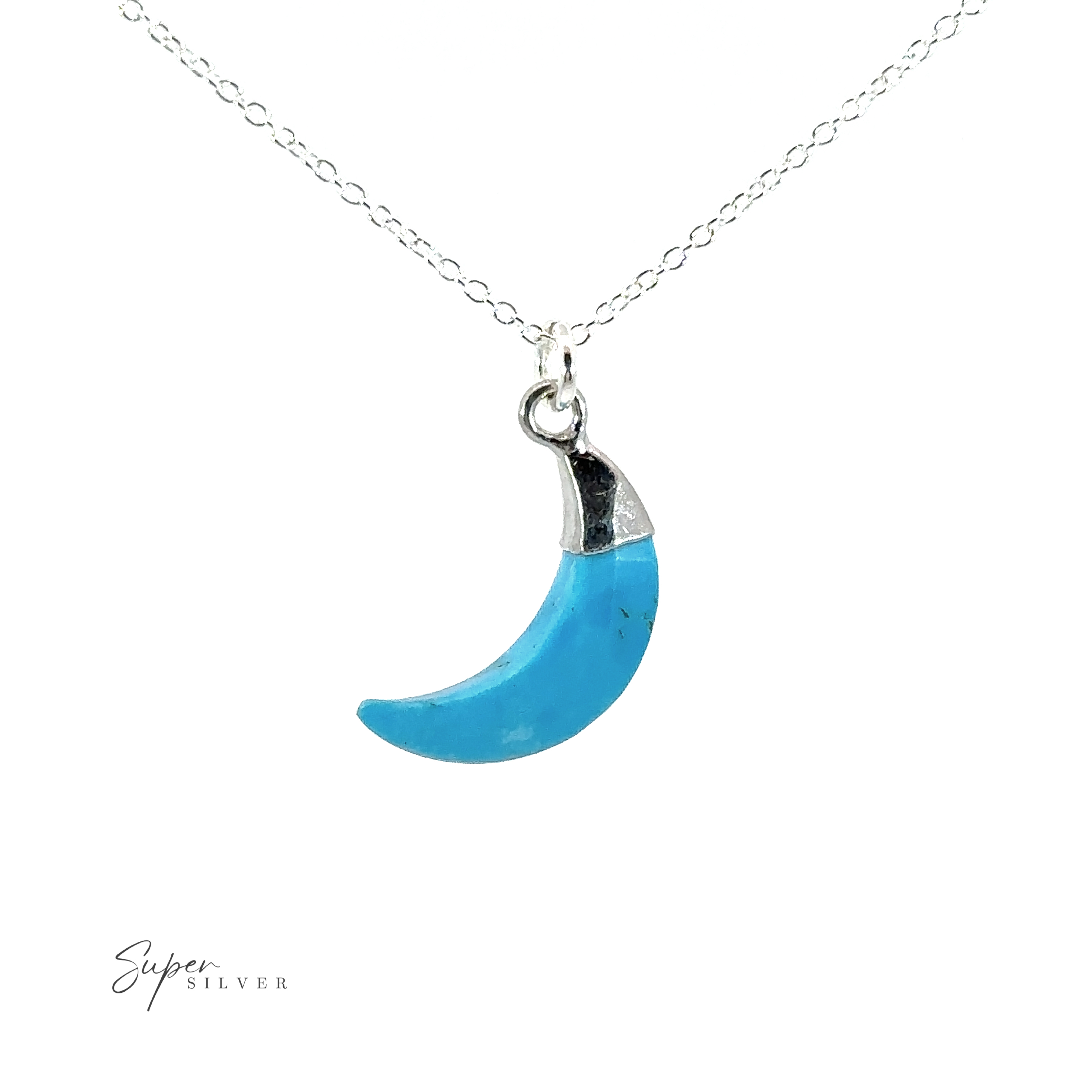 A Delicate Stone Moon Necklace on a silver chain.