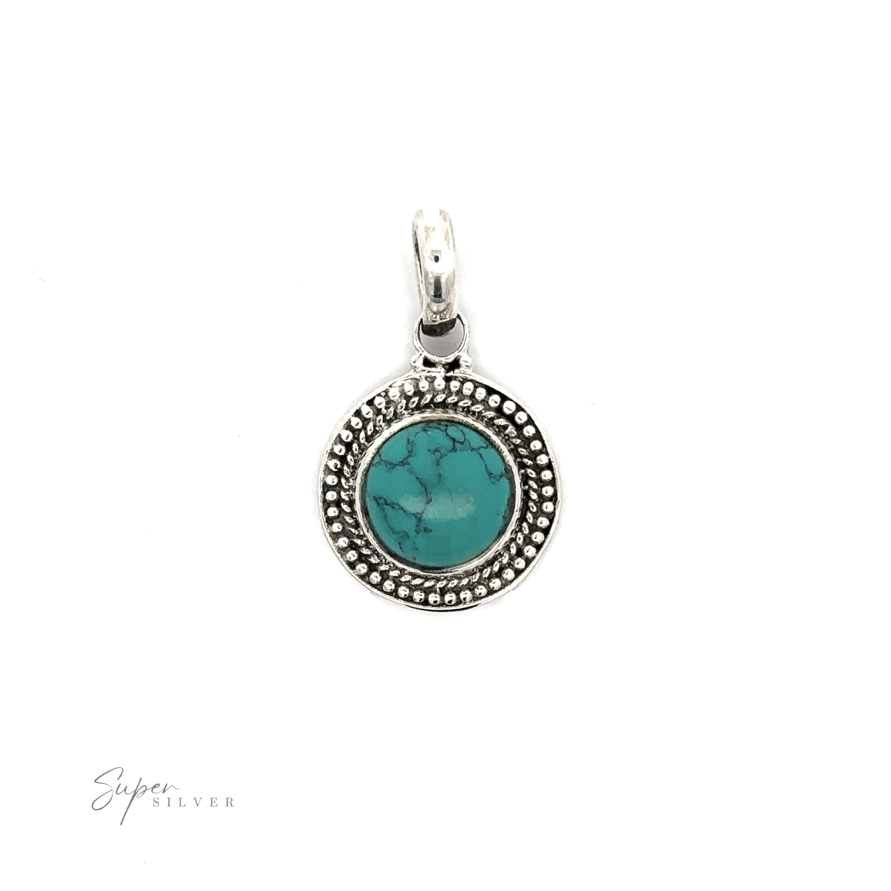 A Round Stone Pendant With Bead Design with a turquoise stone in a bead design.