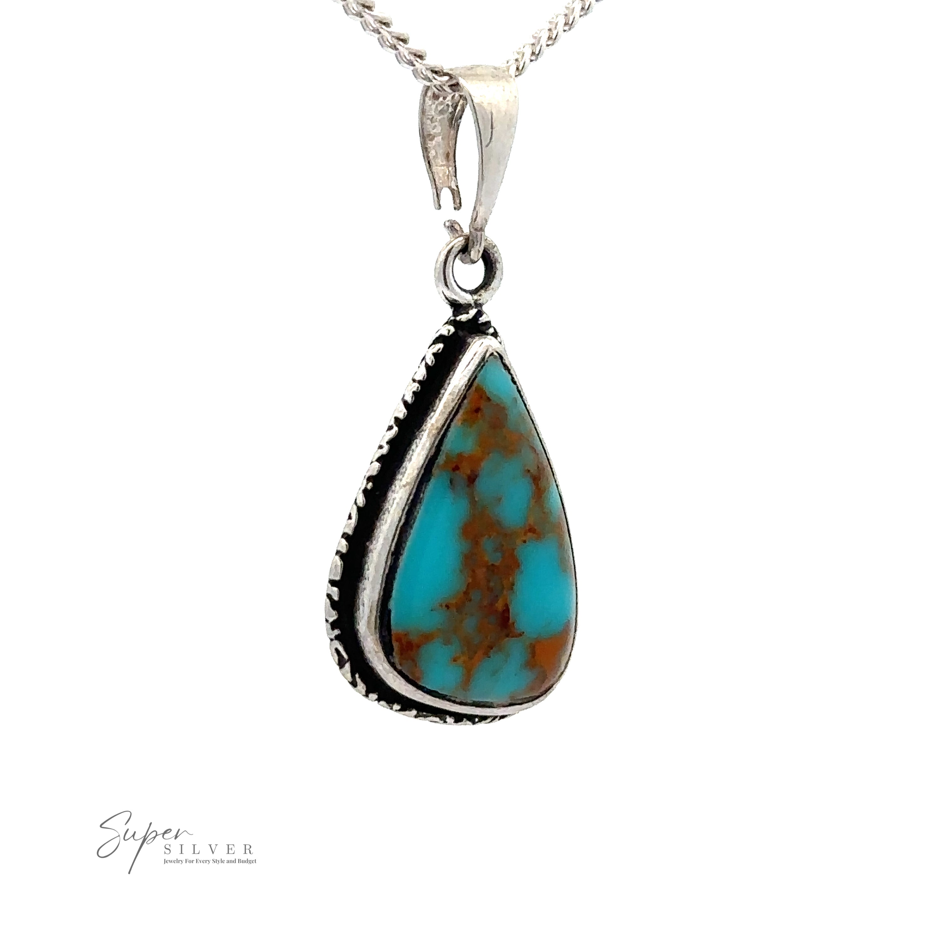 An Irregular Teardrop Bisbee Turquoise Pendant with Etched Border, featuring intricate brown veining and set in sterling silver, hangs from a silver chain. The piece reflects the legacy of the historic copper mines. The image includes the logo and website of Super Silver.