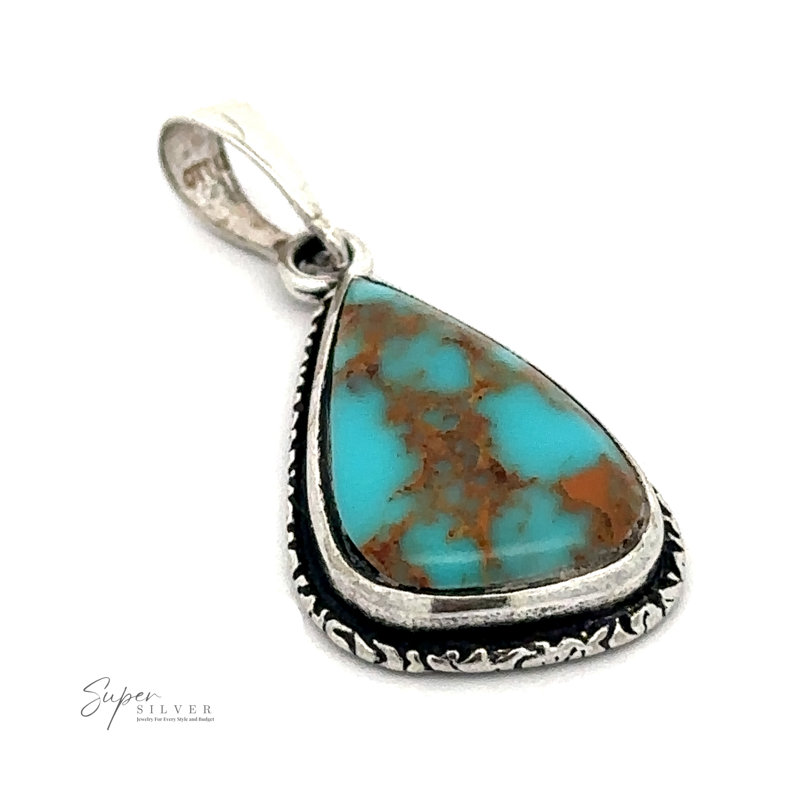 A Irregular Teardrop Bisbee Turquoise Pendant with Etched Border with brown flecks, set in a Sterling Silver setting with engraved details. The pendant boasts a silver bail for attaching to a chain. "Super Silver" logo is visible, reflecting its rich history tied to copper mines.