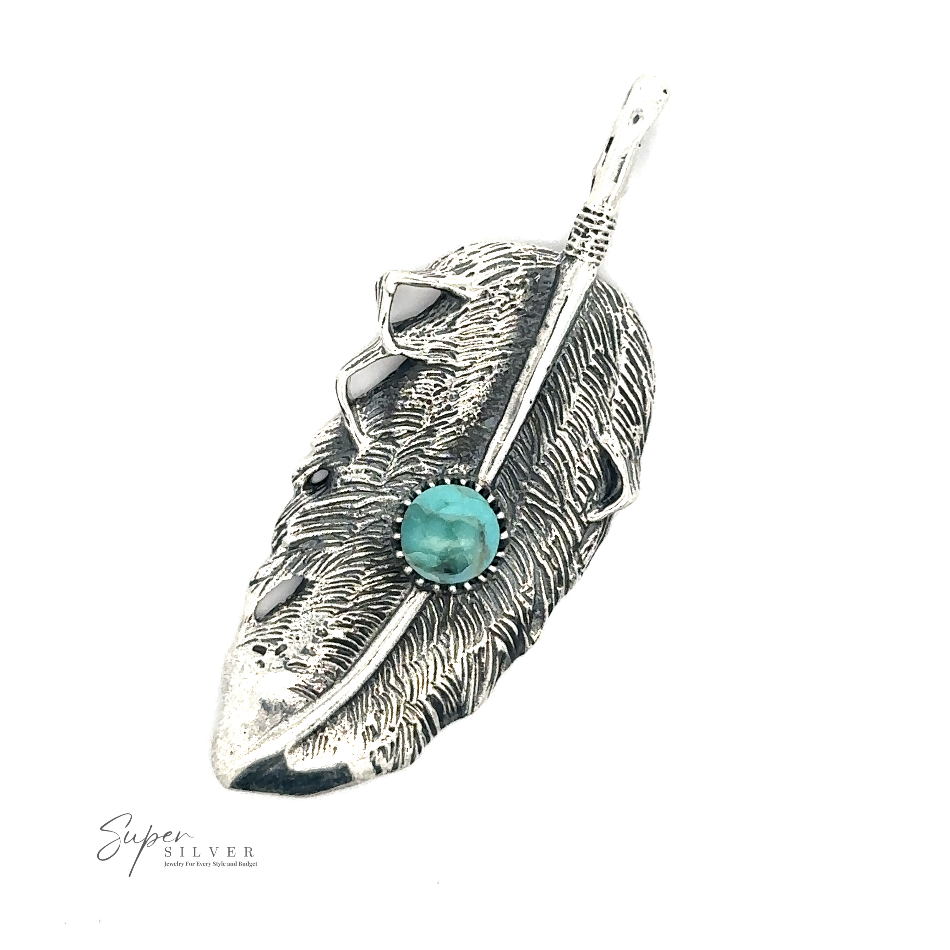 A Native Inspired Feather Pendant With Turquoise with intricate details and a natural turquoise stone in the center. The brand name "Super Silver" is visible in the bottom left corner, adding to its allure.