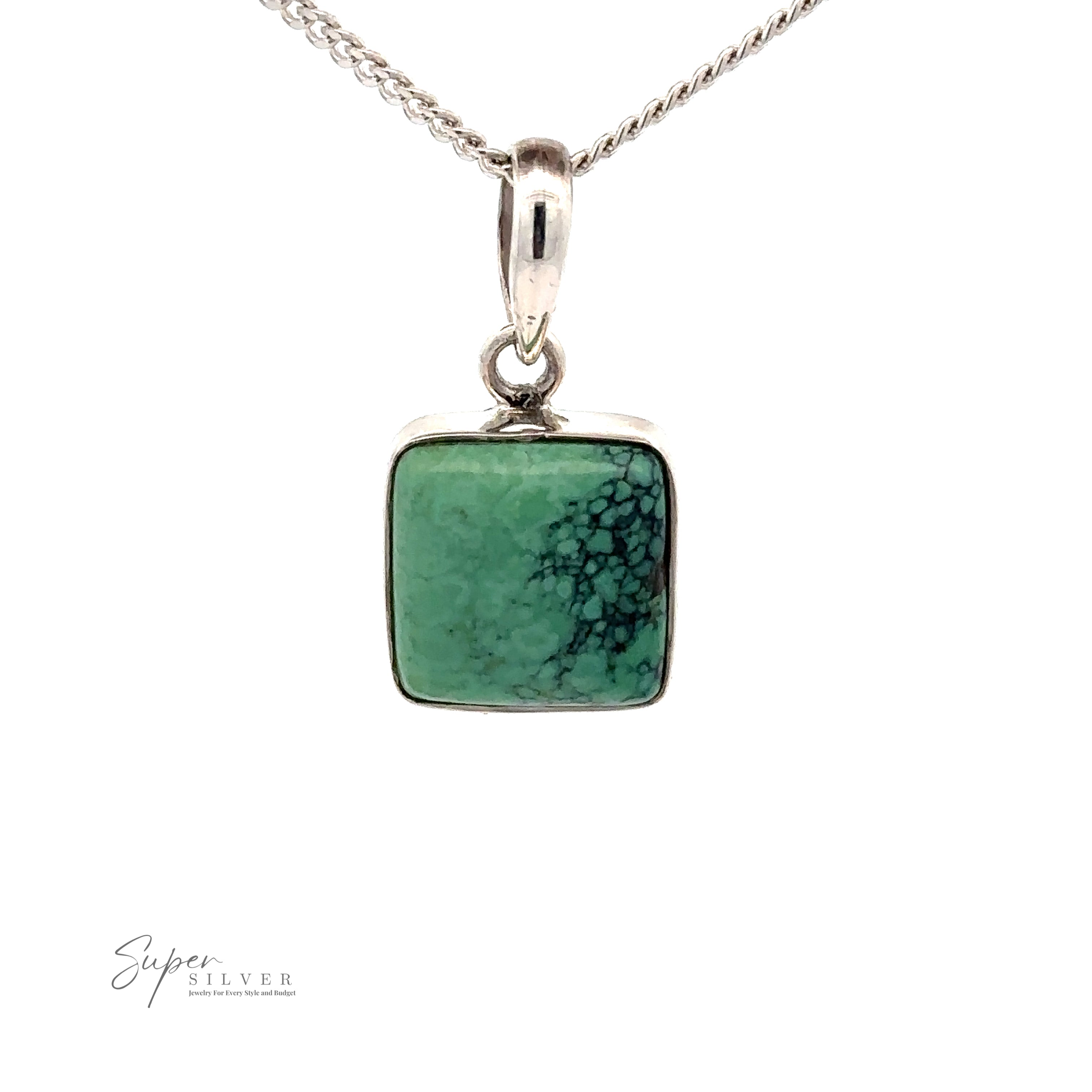 A silver necklace with a Natural Turquoise Square Pendant. The pendant has a web-like black pattern on a green background, hanging from a thin, twisted .925 Sterling Silver chain. Super Silver logo appears at the bottom left.