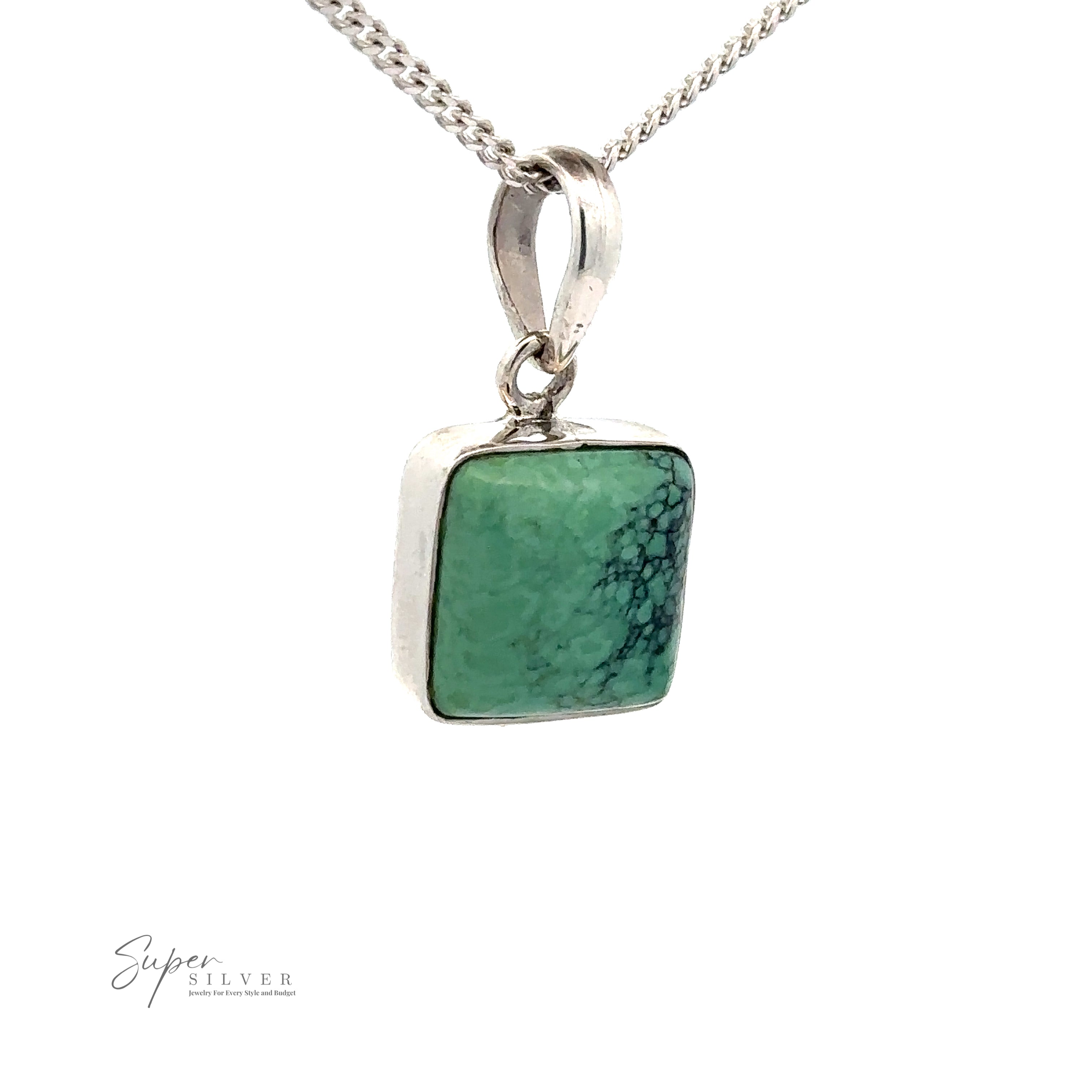 A Natural Turquoise Square Pendant featuring a rectangular green stone with a subtle veining pattern, attached to a .925 Sterling Silver chain. The text "Super Silver" is visible in the bottom left corner.