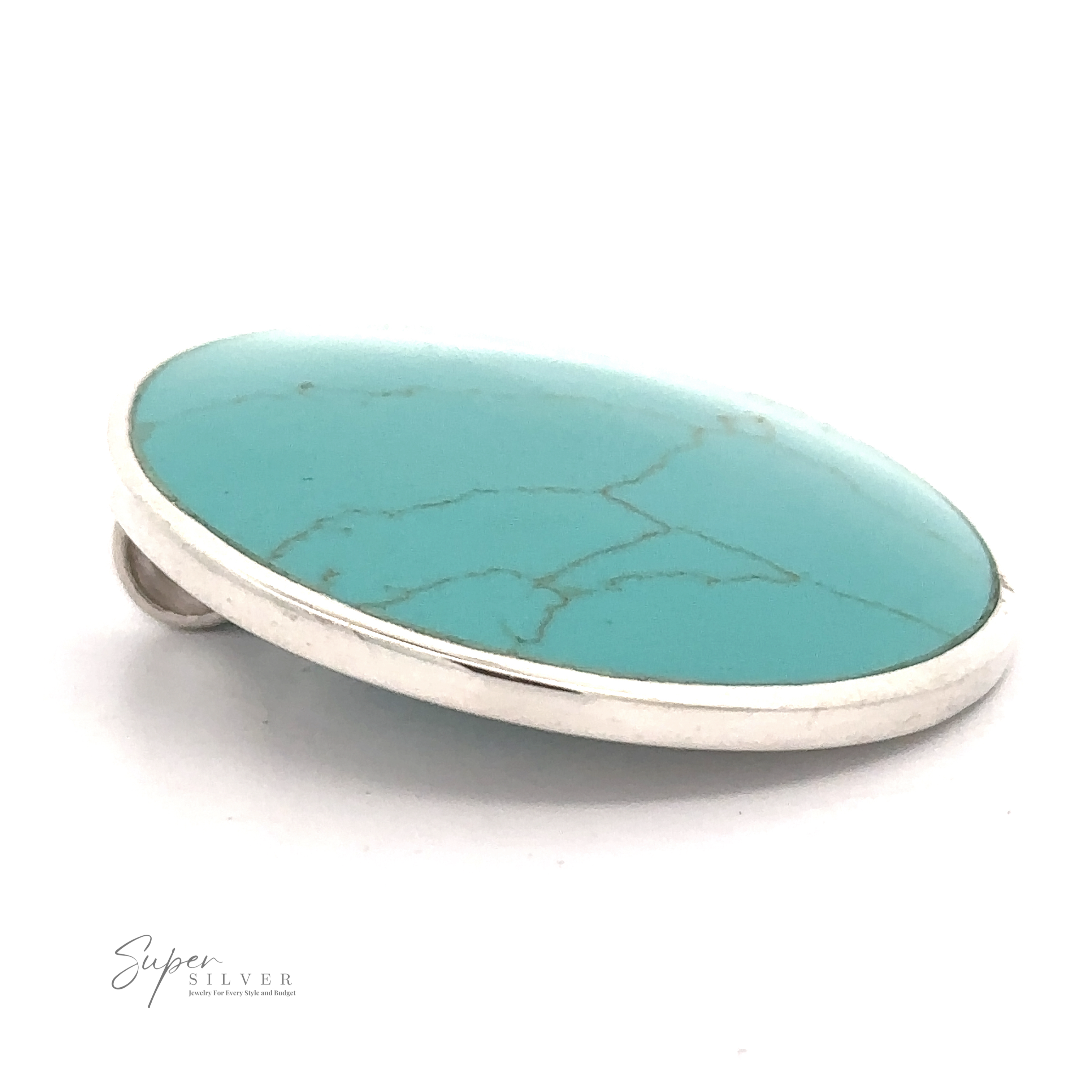 Large Round Turquoise Pendant displayed on a white background with "Super Silver" text logo in the corner, epitomizing minimalist style.