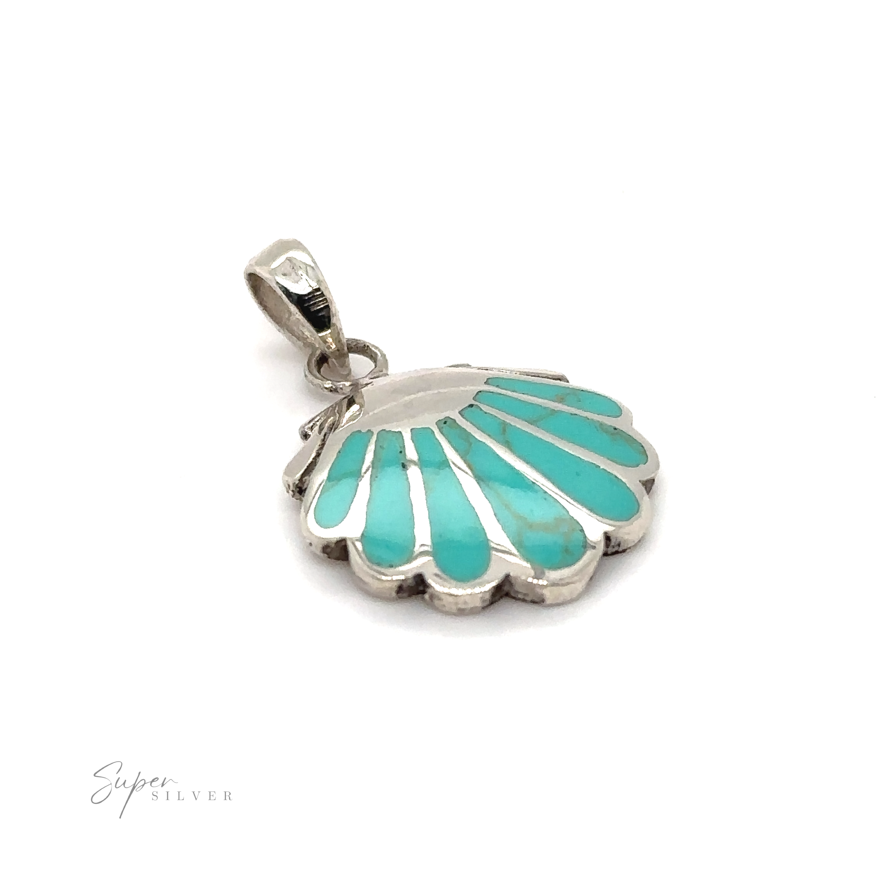 A Clam Shell Pendant featuring oceanic beauty, with an inlay of turquoise stones, showcased against a serene white background.
