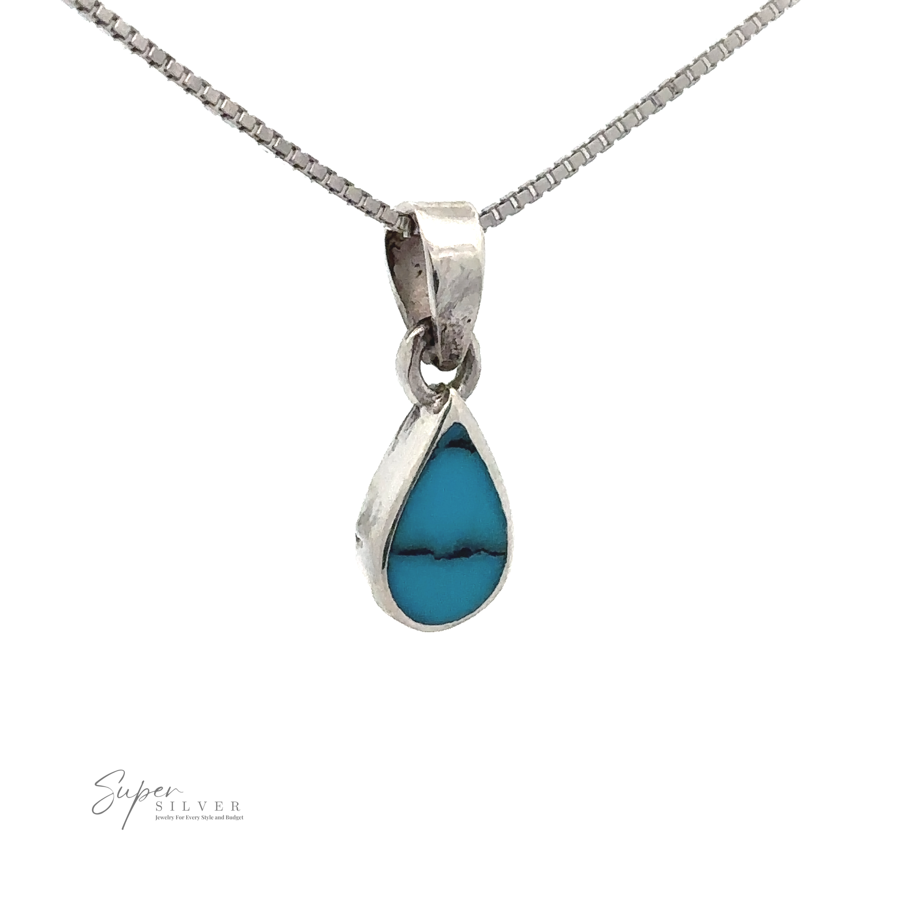 A sterling silver necklace features a Tiny Inlay Teardrop Pendant with a turquoise stone enclosed in a sleek setting. The minimal jewelry design is completed with a fine silver chain. "Super Silver" logo is at the bottom left.