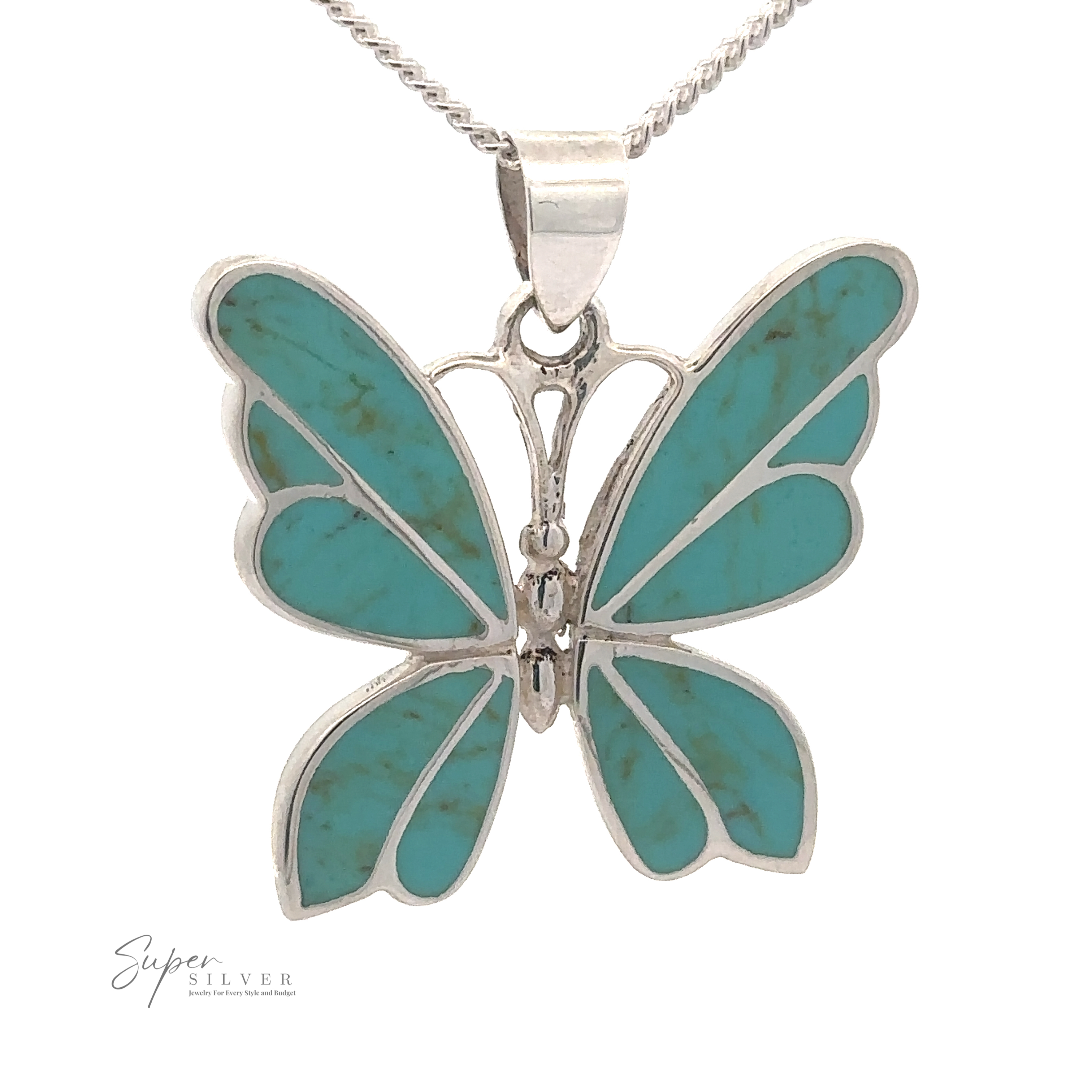 A butterfly-shaped Sterling Silver pendant with turquoise inlays on a silver chain. The image text reads "Super Silver." This exquisite piece of gemstone jewelry is perfect for any occasion. The product name for this item is Medium Inlay Butterfly Pendant.