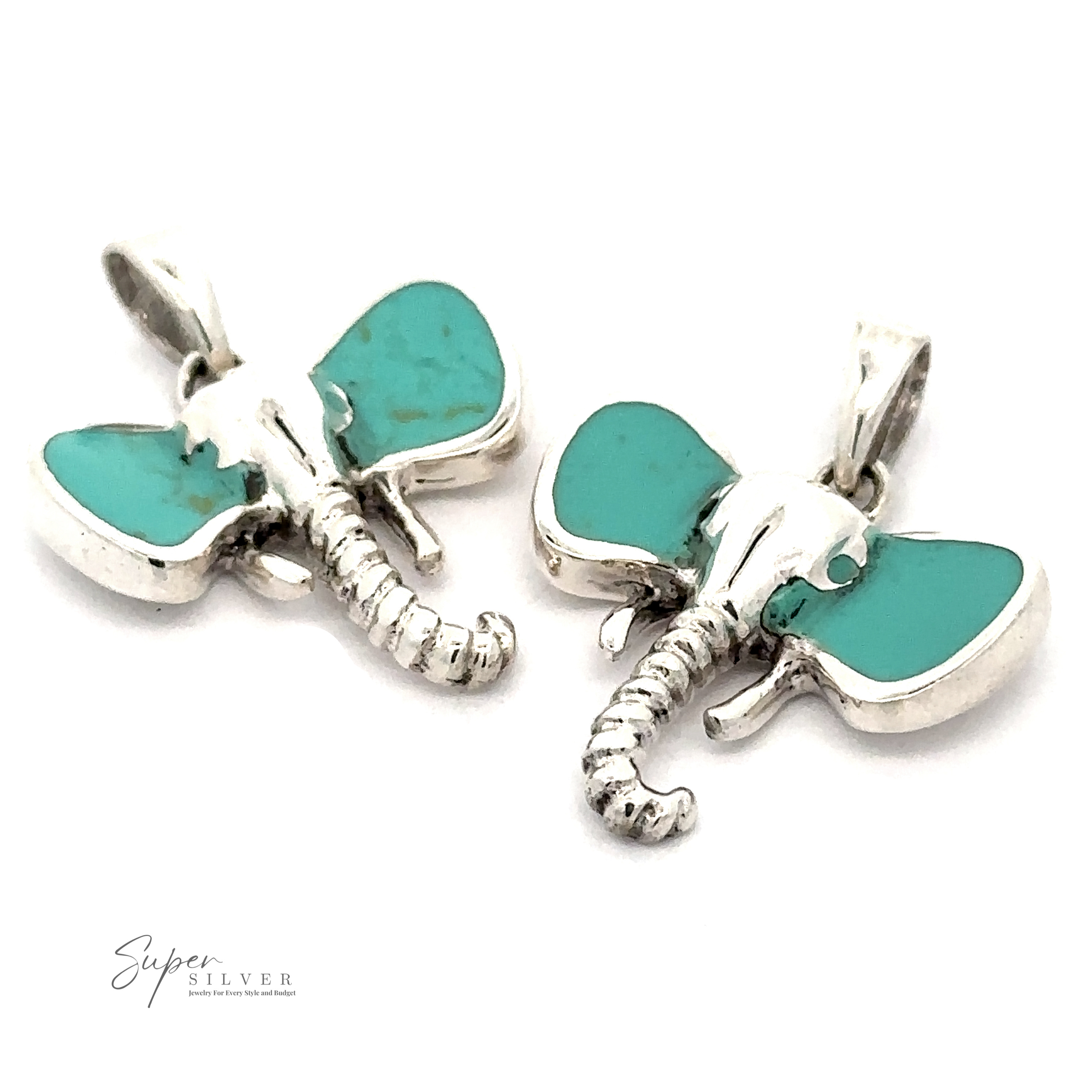 Two sterling silver Elephant Head Pendant With Stone charms, displayed against a white background. "Super Silver" branding is visible in the bottom left corner.