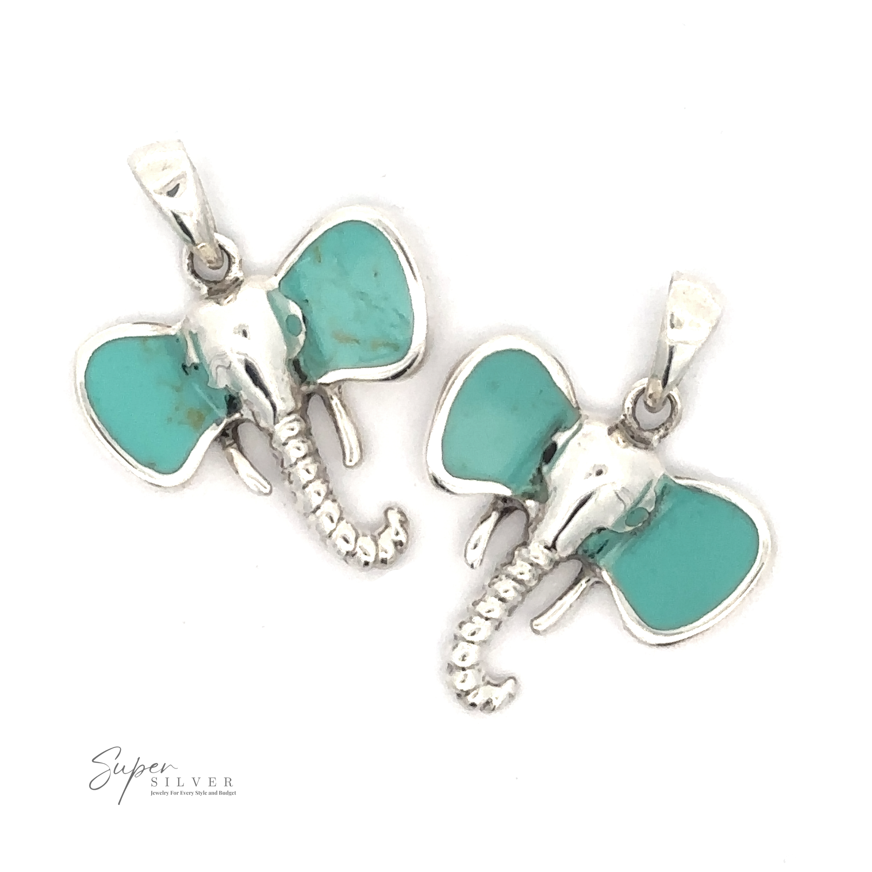 Two Elephant Head Pendants With Stone, placed against a white background. The bottom corner displays a logo with the text "Super Silver.