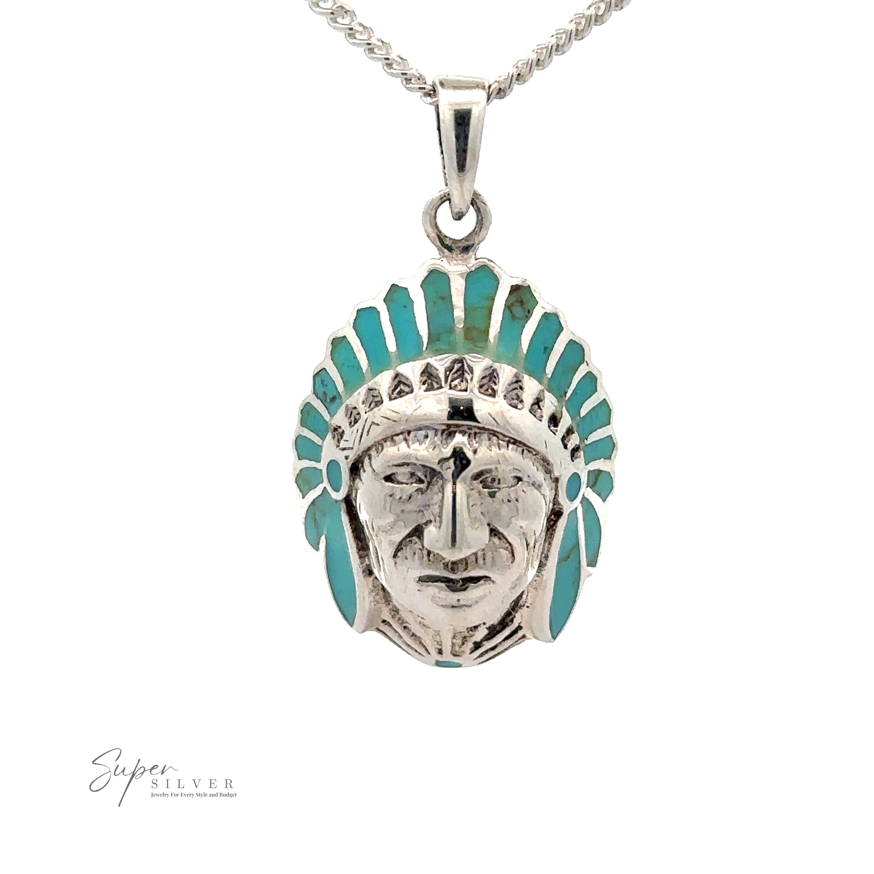 A .925 Sterling Silver necklace features a Turquoise Chief Head Pendant, beautifully adorned with turquoise stones in the headdress.