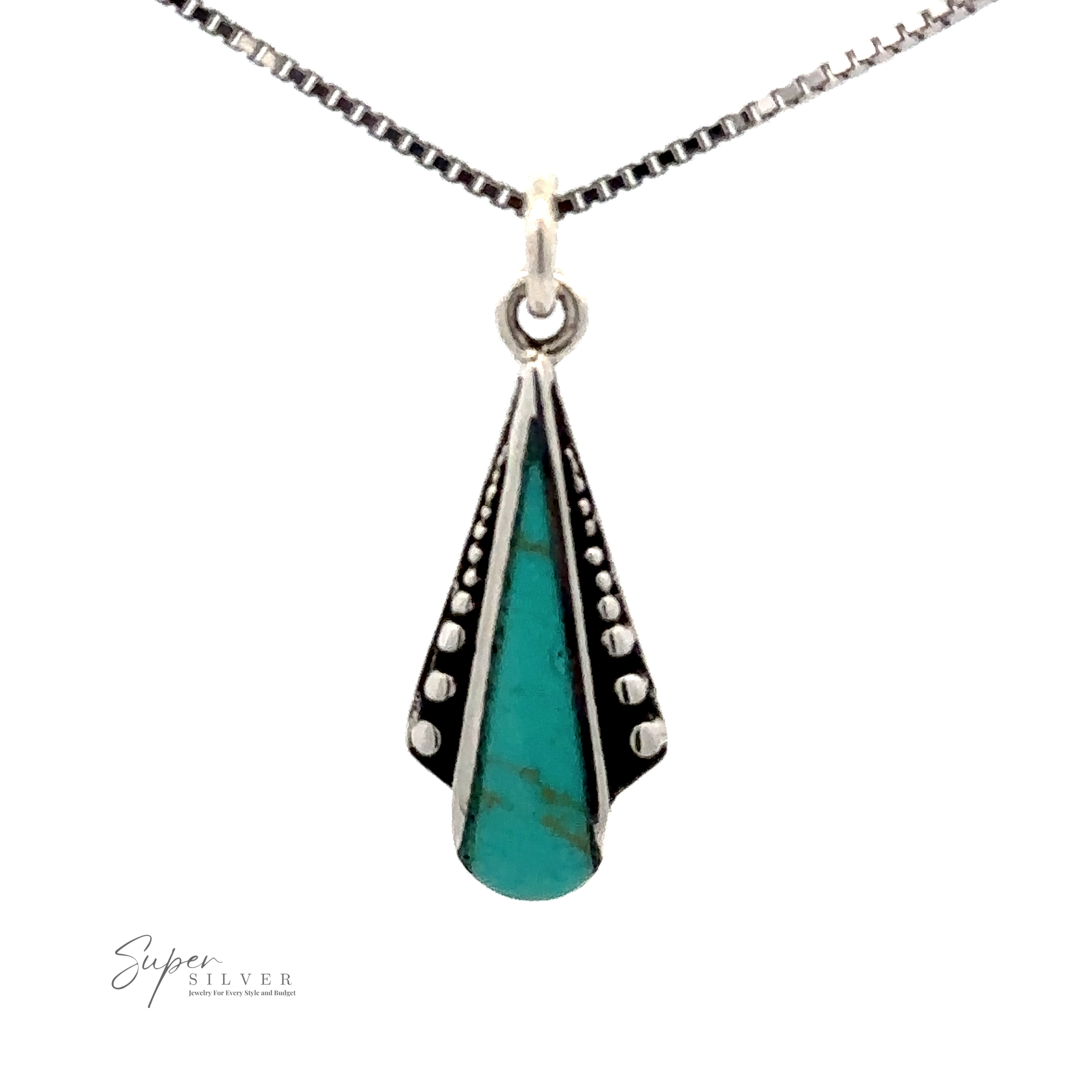 A sterling silver necklace with a dainty Teardrop Pendant with Inlaid Stones and Ball Border, featuring a turquoise stone and dotted silver detailing.