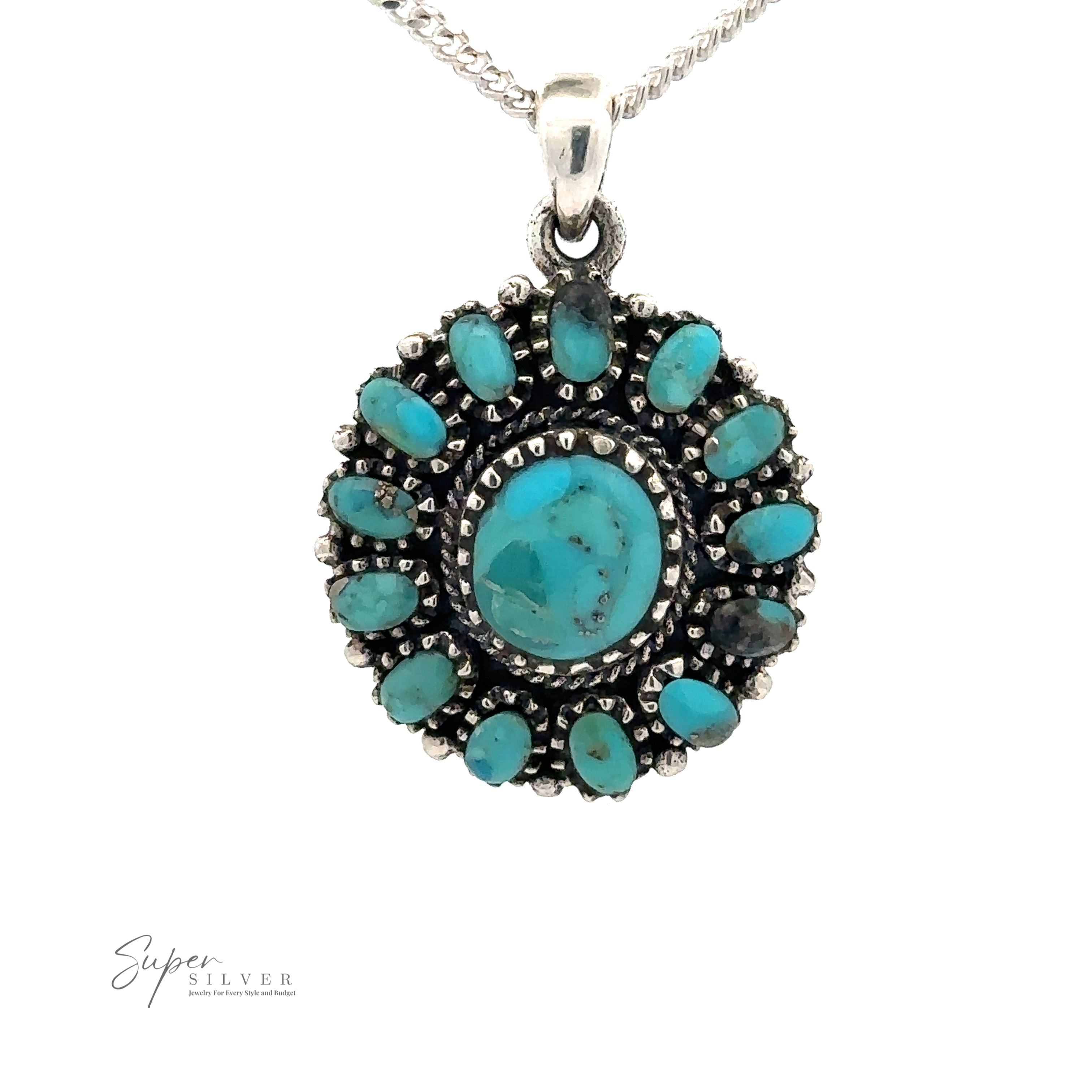 A silver necklace with a Native-Inspired Turquoise Flower Cluster Pendant, featuring a central turquoise stone surrounded by smaller ones. Crafted in .925 Sterling Silver, it exudes a bohemian spirit.