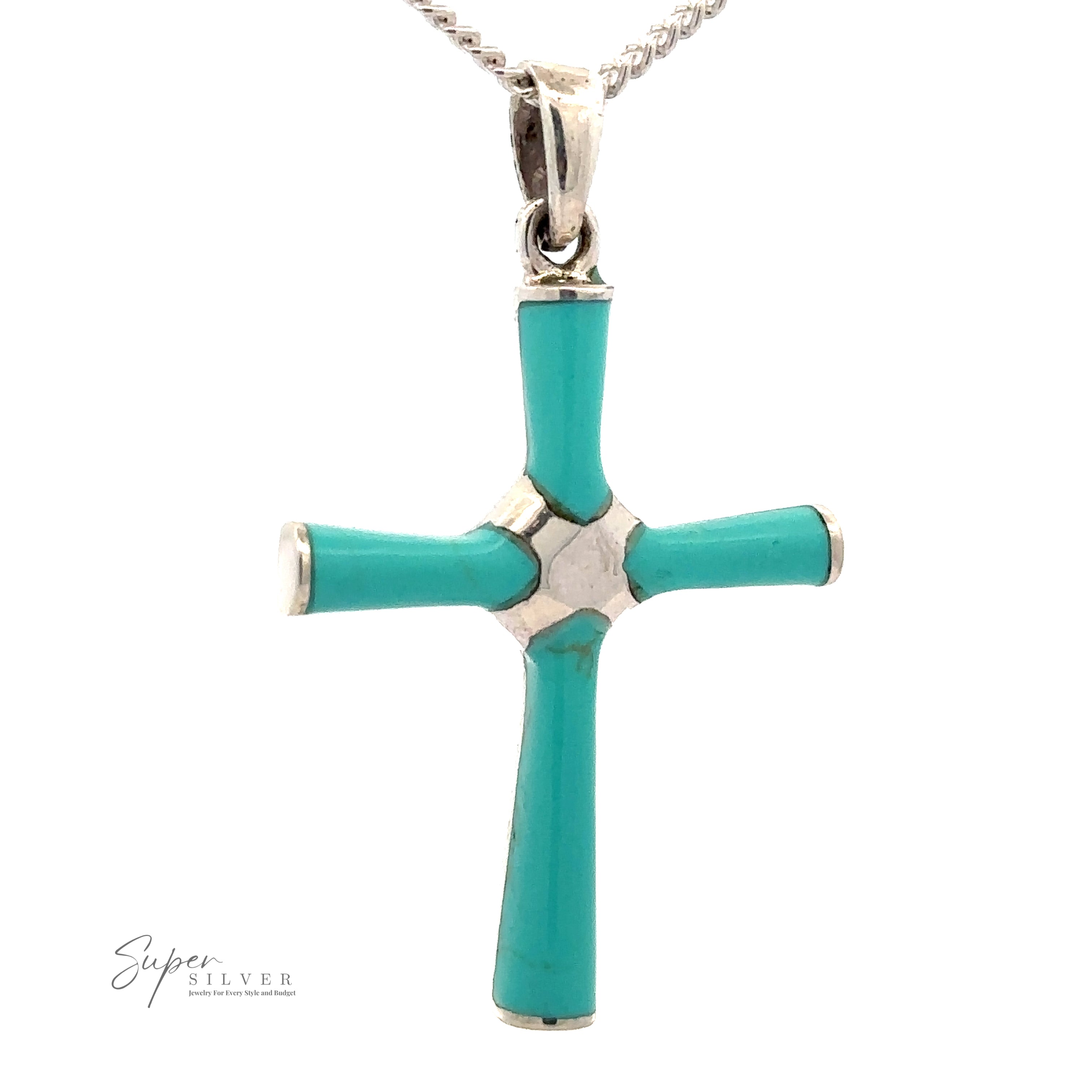 Close-up of a Turquoise Cross Pendant with silver accents, hanging from a .925 Sterling Silver chain. The logo "Super Silver" is visible in the bottom left corner.