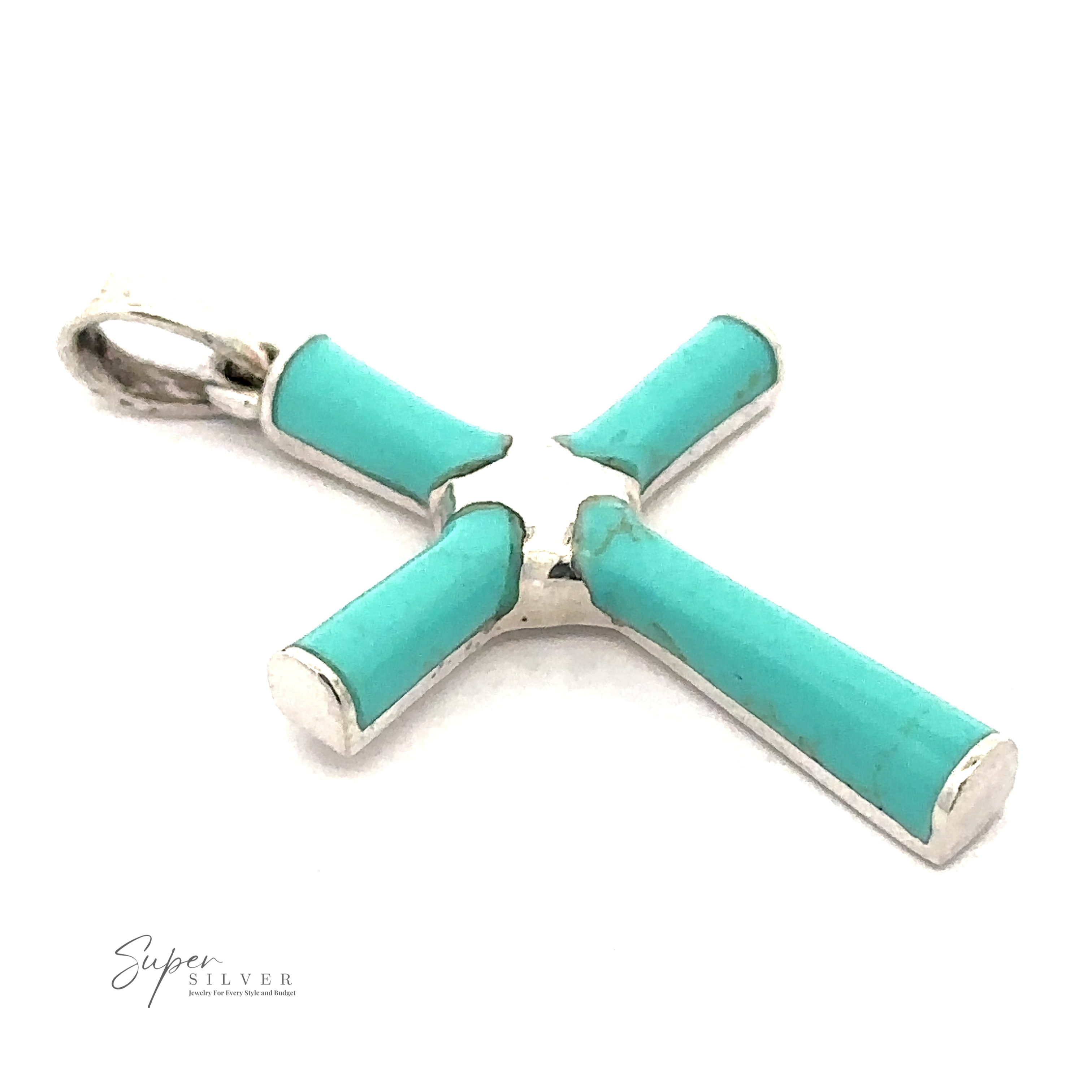 A Turquoise Cross Pendant with turquoise inlays and a loop at the top for a chain. Crafted from .925 Sterling Silver, the logo "Super Silver" is visible at the bottom left.
