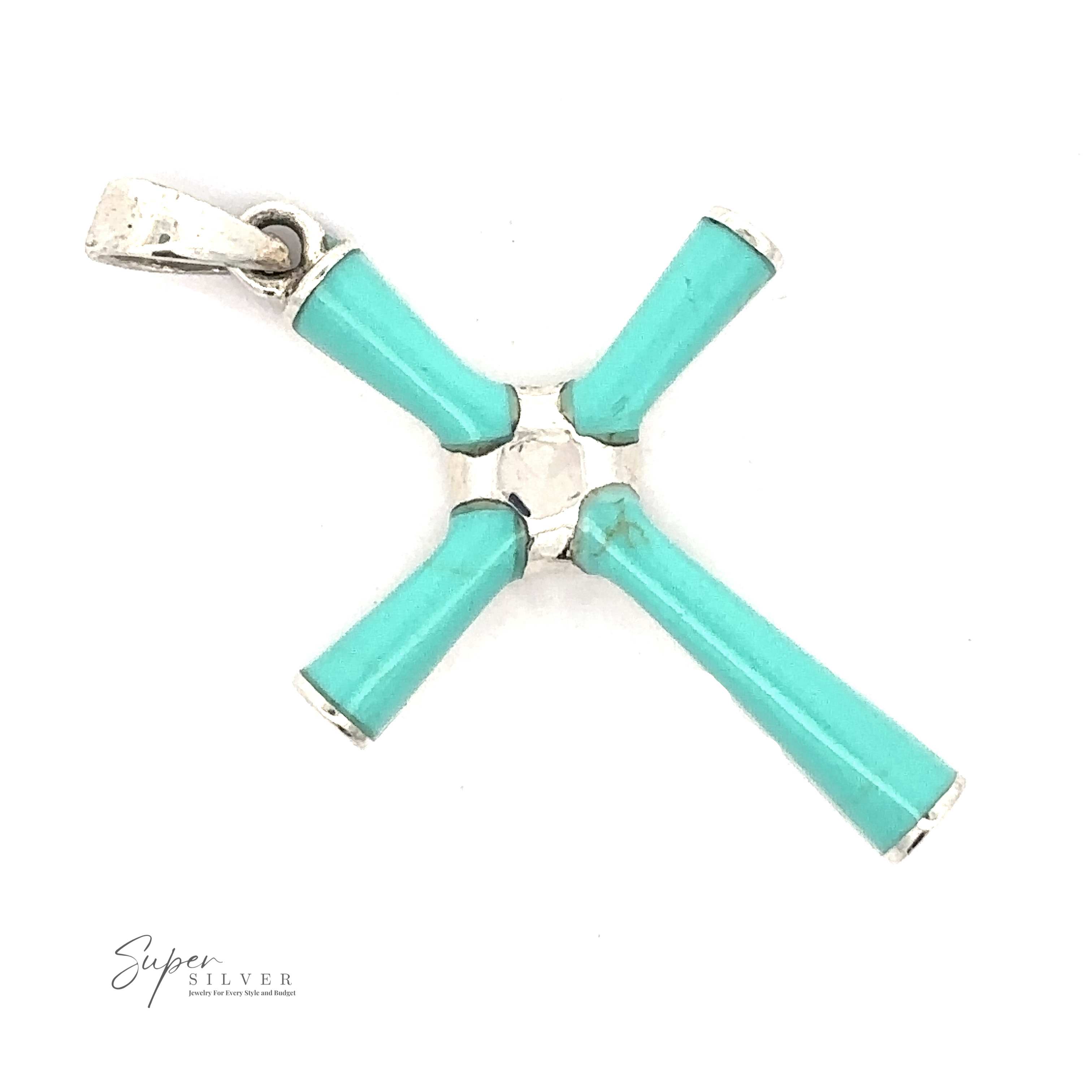 A .925 sterling silver, teal cross-shaped pendant with a silver frame, featuring four turquoise segments, and a silver bail for attaching to a chain. This simple Turquoise Cross Pendant showcases the "Super Silver" logo in the bottom left corner.