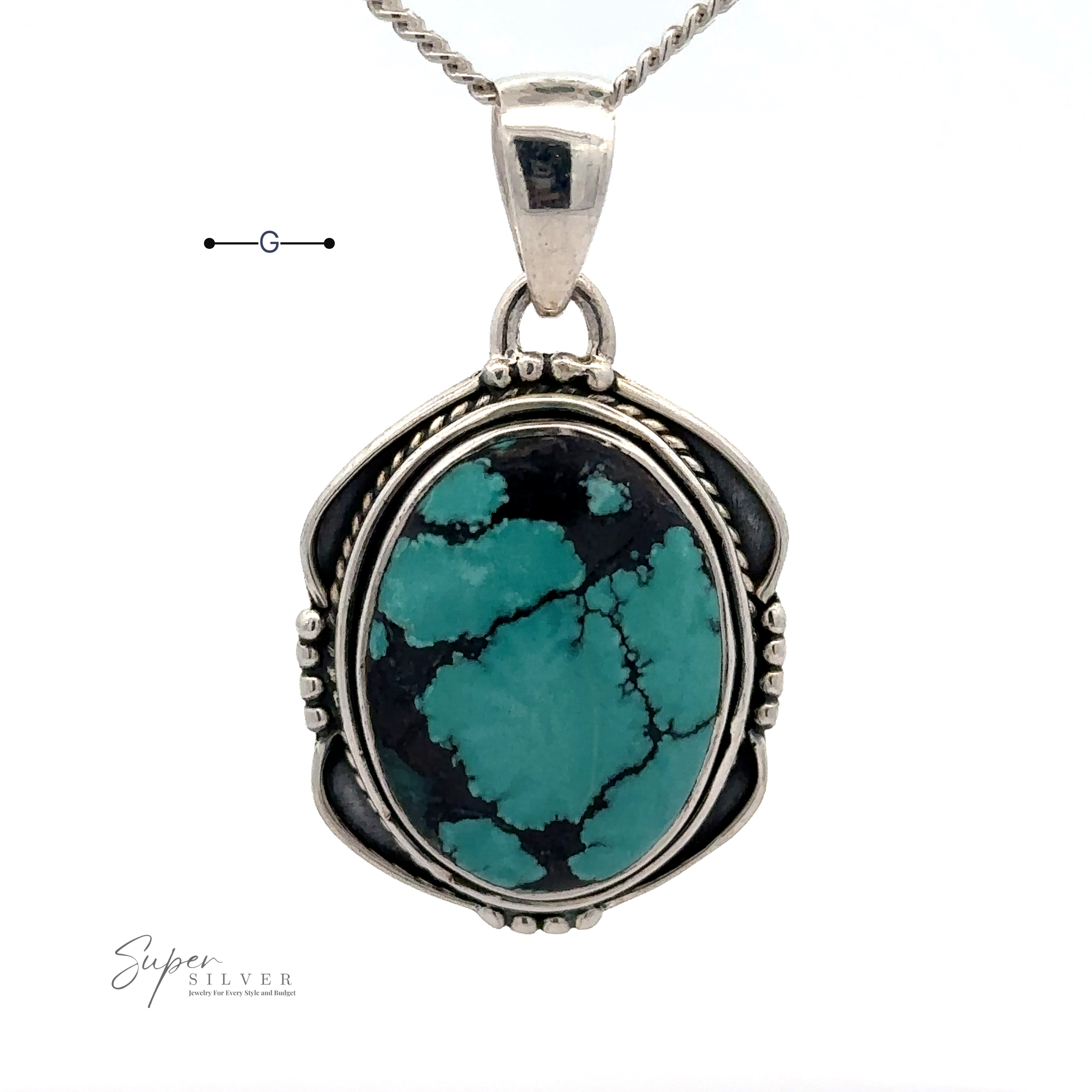 A Natural Turquoise Pendant with an Oval Shield Setting is shown. The stone has black veining, and the pendant hangs from a sterling silver chain. A small logo reads "Super Silver." This exquisite piece exemplifies the beauty of handmade items.