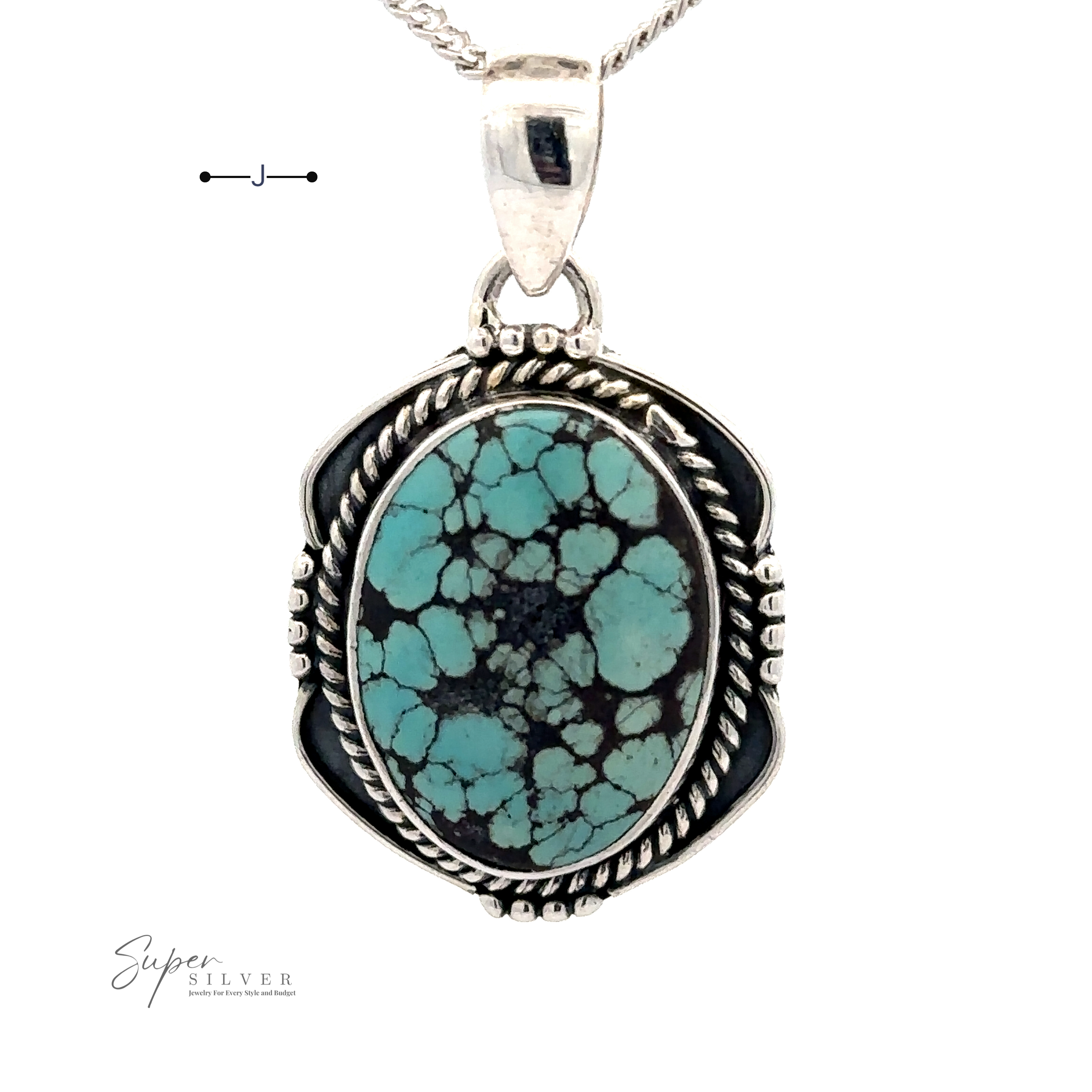 A Natural Turquoise Pendant with an Oval Shield Setting featuring a large natural turquoise stone with black veining, encased in an intricate sterling silver setting, hangs from a silver chain. The logo reads "Super Silver.