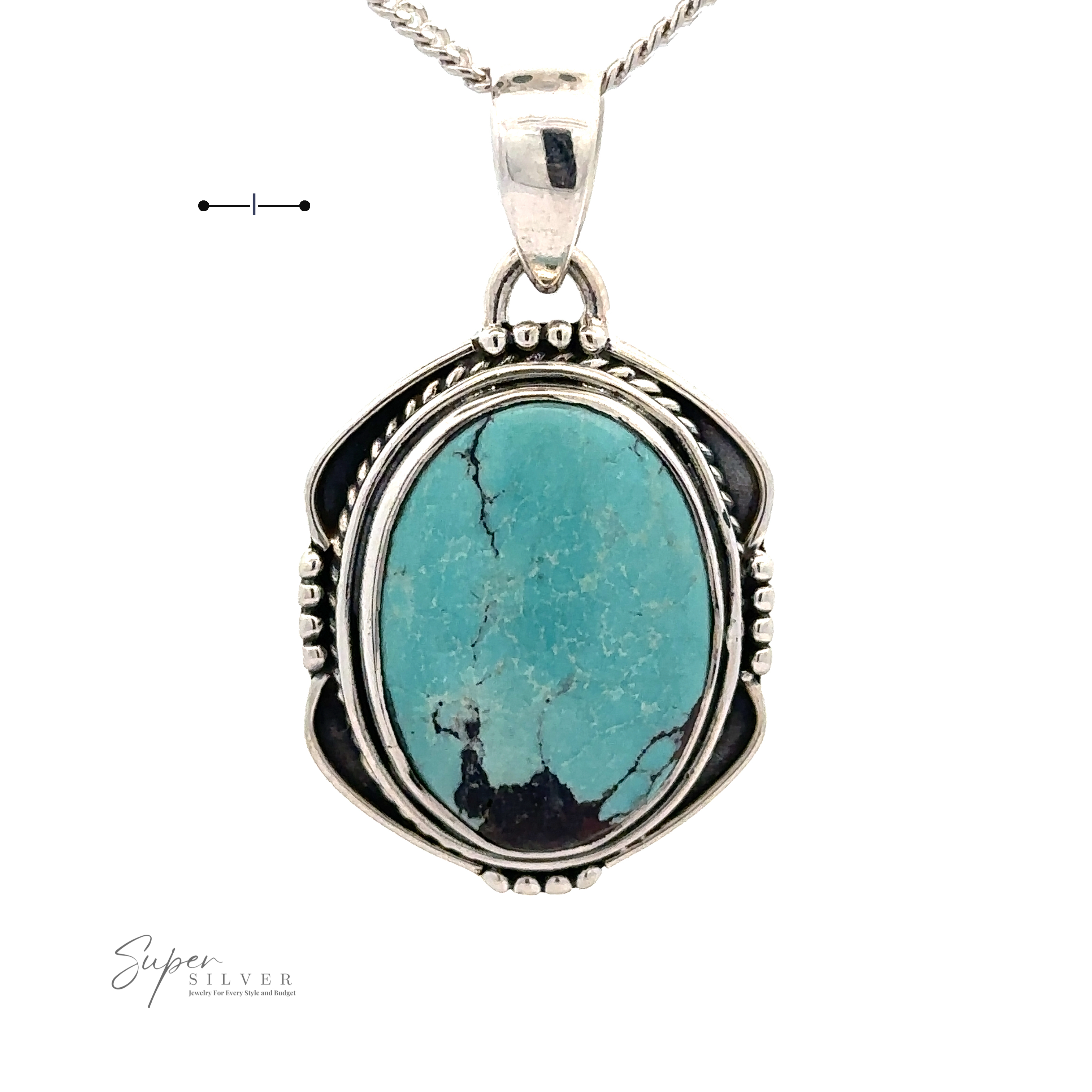 A Natural Turquoise Pendant with an Oval Shield Setting featuring an oval natural turquoise stone with black veining, showcased against a white background. The handmade piece boasts intricate silver detailing around the stone.