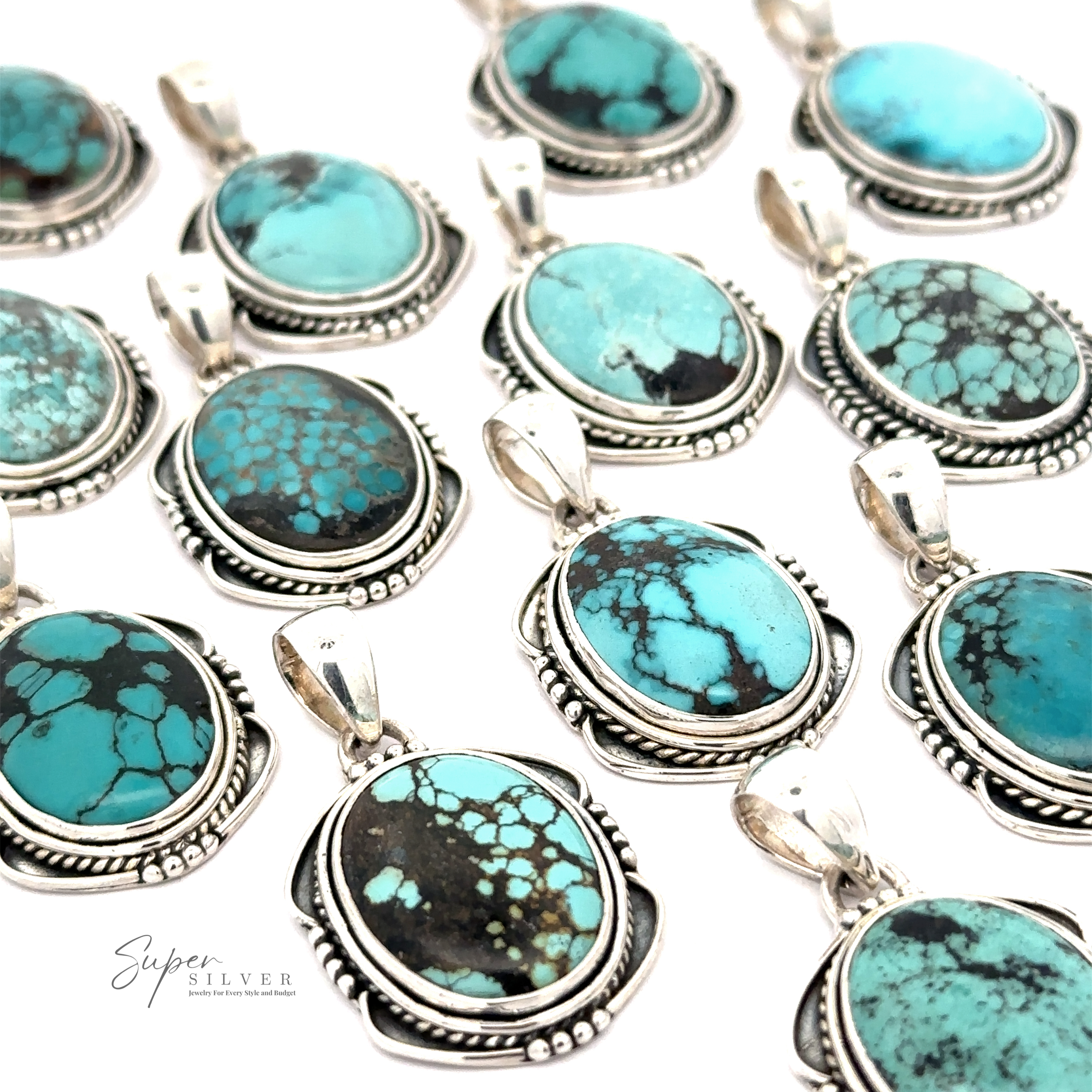A collection of handmade jewelry showcasing the Natural Turquoise Pendant with an Oval Shield Setting crafted in sterling silver, featuring assorted patterns of natural turquoise stones, all arranged in rows on a white background.