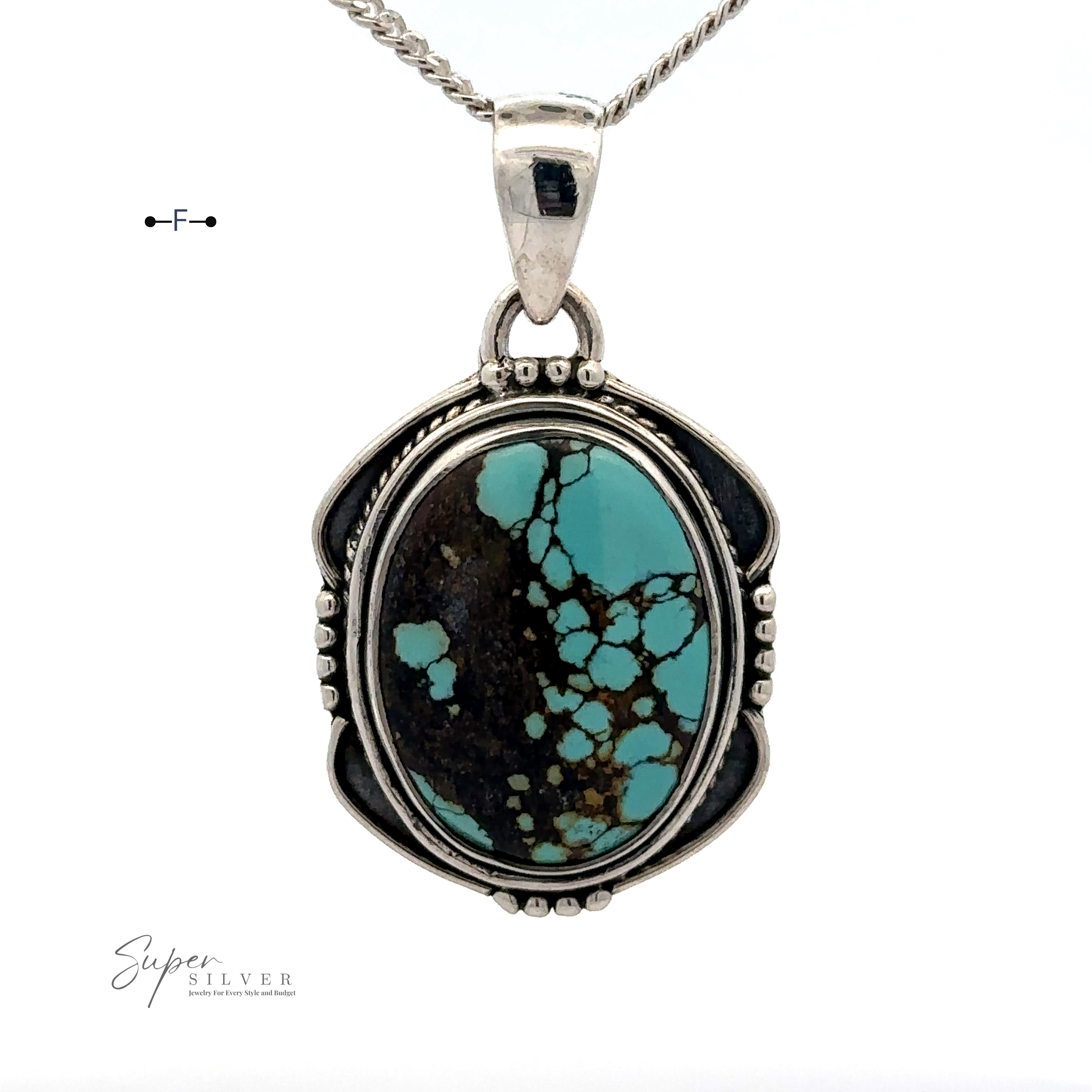 A Natural Turquoise Pendant with an Oval Shield Setting featuring an oval natural turquoise stone with black veins, attached to a .925 sterling silver chain.