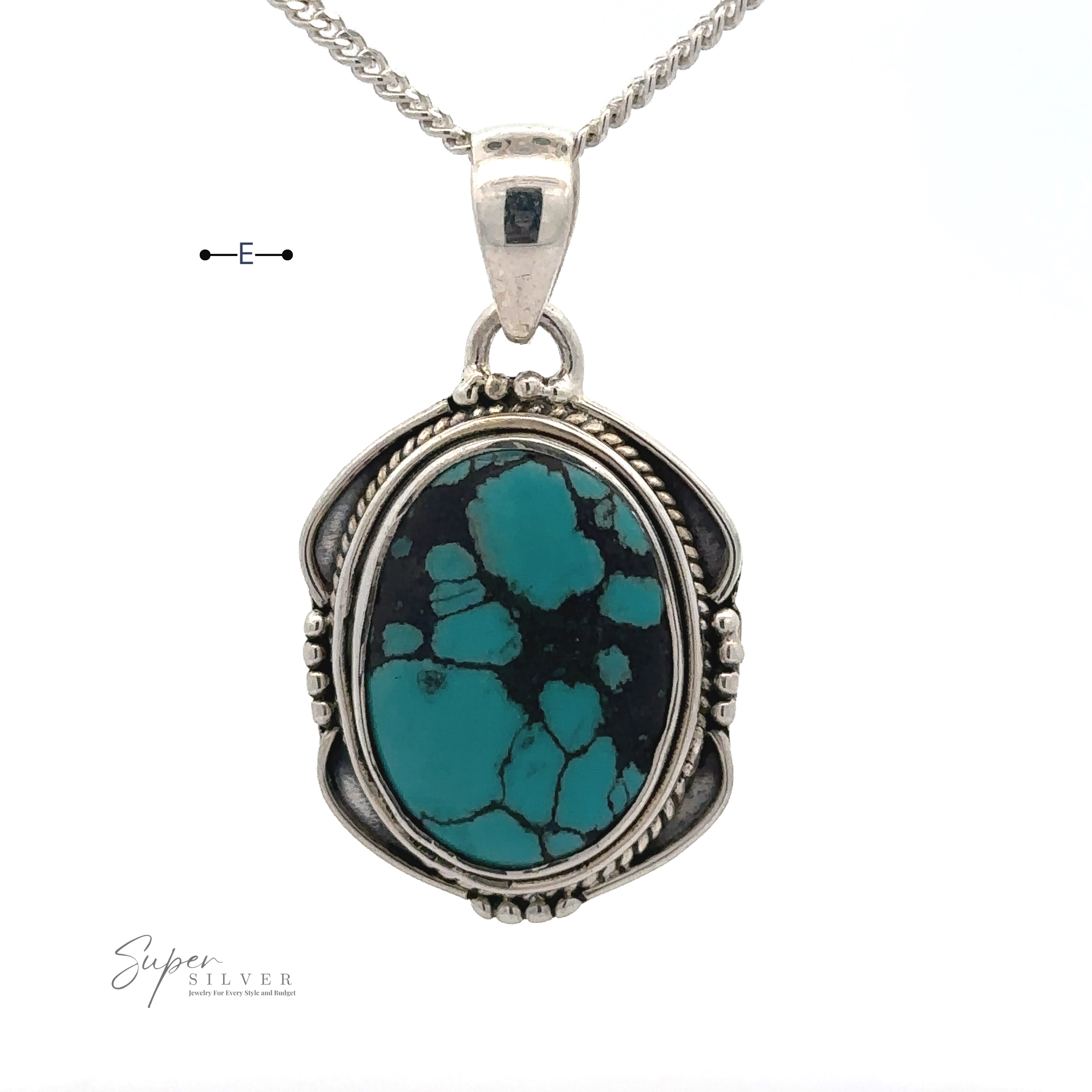 A Natural Turquoise Pendant with an Oval Shield Setting featuring an oval natural turquoise stone with black patterns. The pendant, crafted from sterling silver, has an intricate border design and hangs from a silver chain. "Super Silver" logo is visible in the bottom corner, emphasizing the quality of these handmade items.