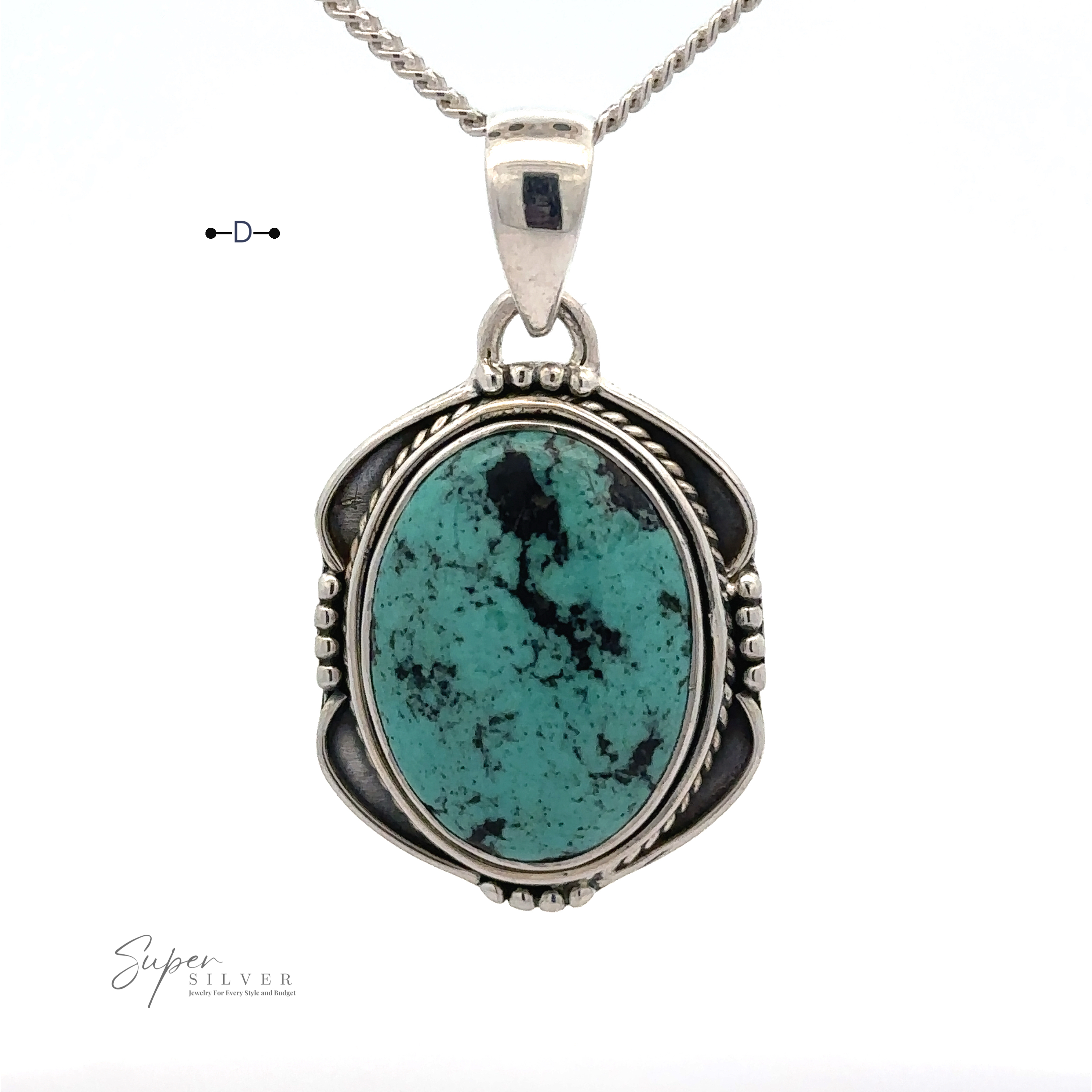 A Natural Turquoise Pendant with an Oval Shield Setting featuring an oval natural turquoise stone set in sterling silver, with detailed metalwork surrounding the stone and a chain attached at the top. "Super Silver" is marked at the bottom left corner.