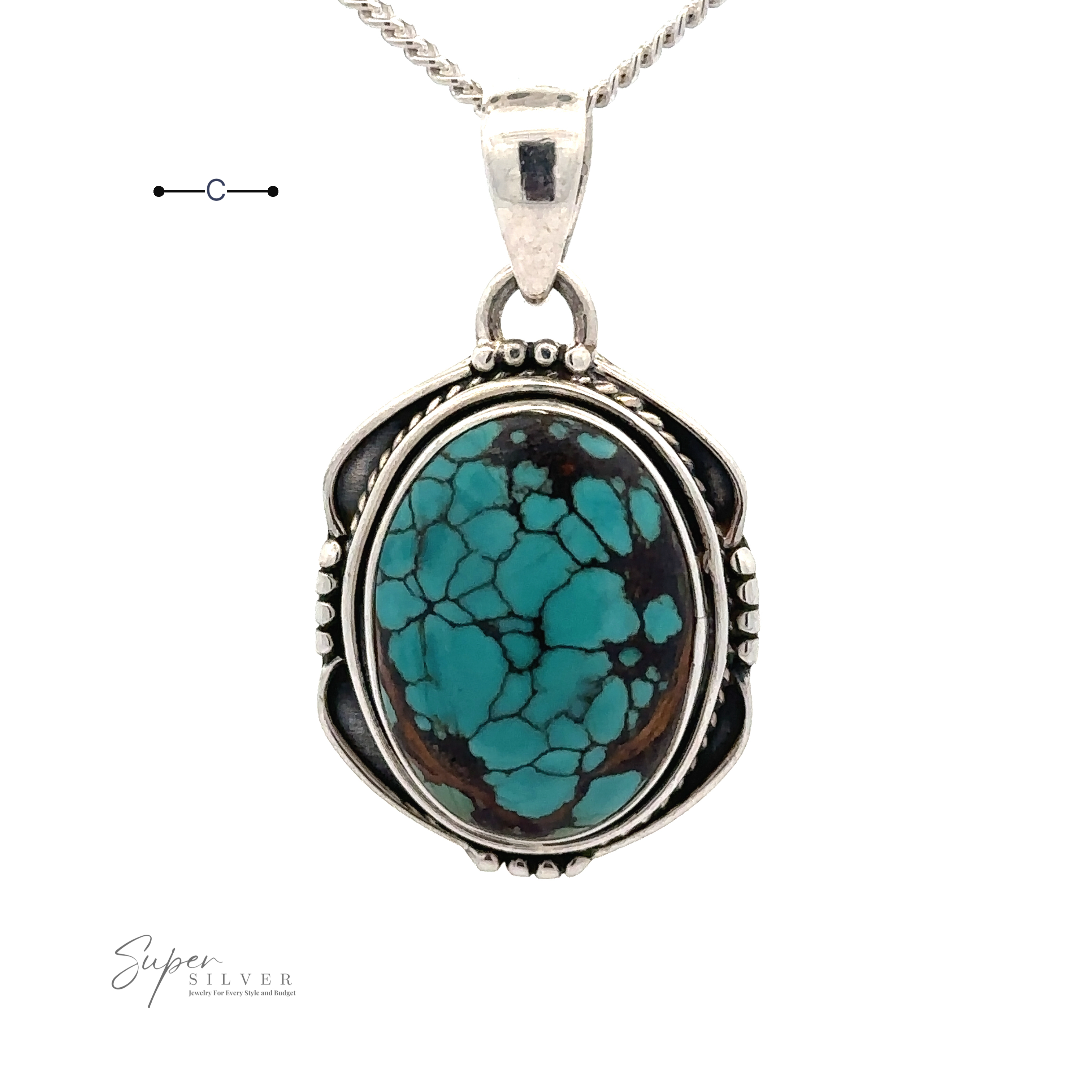 A Natural Turquoise Pendant with an Oval Shield Setting featuring a striking black veining pattern. The pendant is beautifully suspended from a twisted silver chain, making it a standout piece in any collection of handmade jewelry.