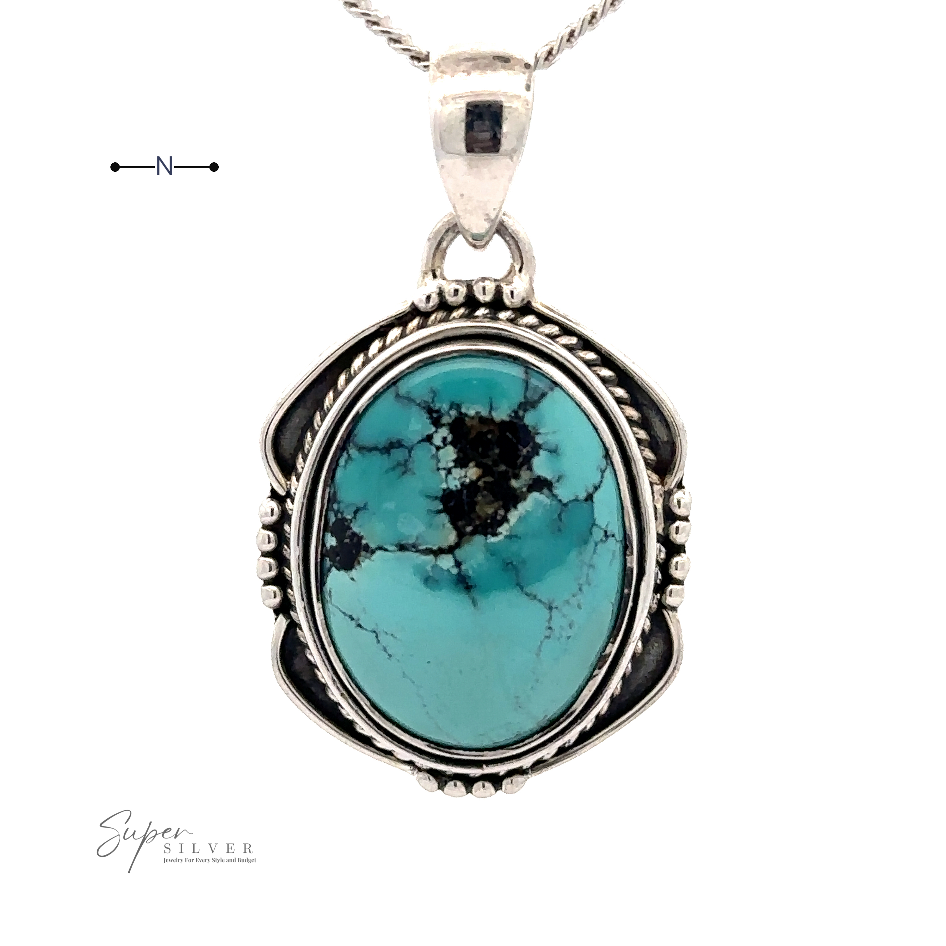 A Natural Turquoise Pendant with an Oval Shield Setting showcasing a large oval turquoise stone with black veining, surrounded by intricate .925 Sterling Silver detailing. Small logo reads "Super Silver" in the corner, ensuring authenticity of this exquisite handmade item.
