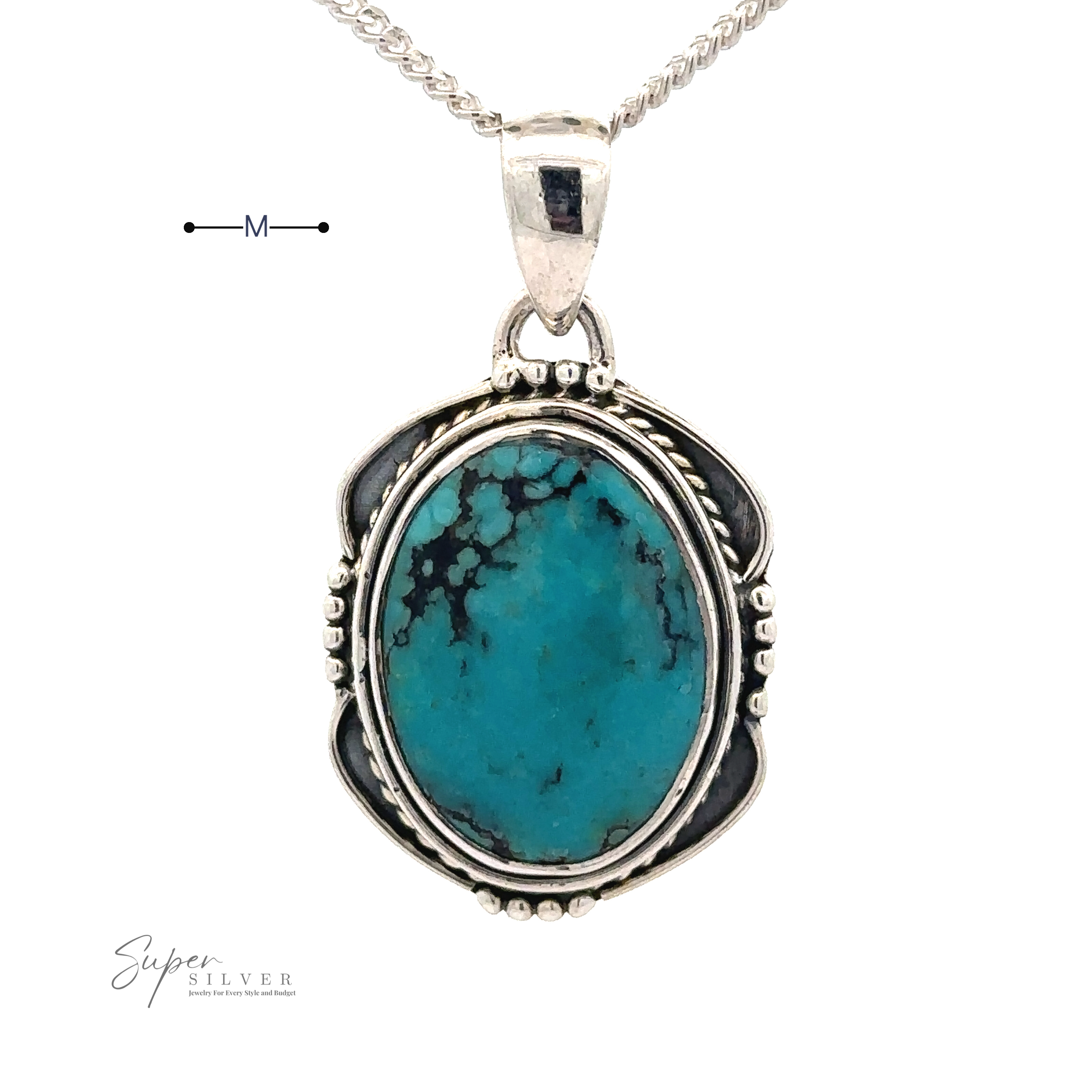 A Natural Turquoise Pendant with an Oval Shield Setting, featuring intricate handmade silver detailing.