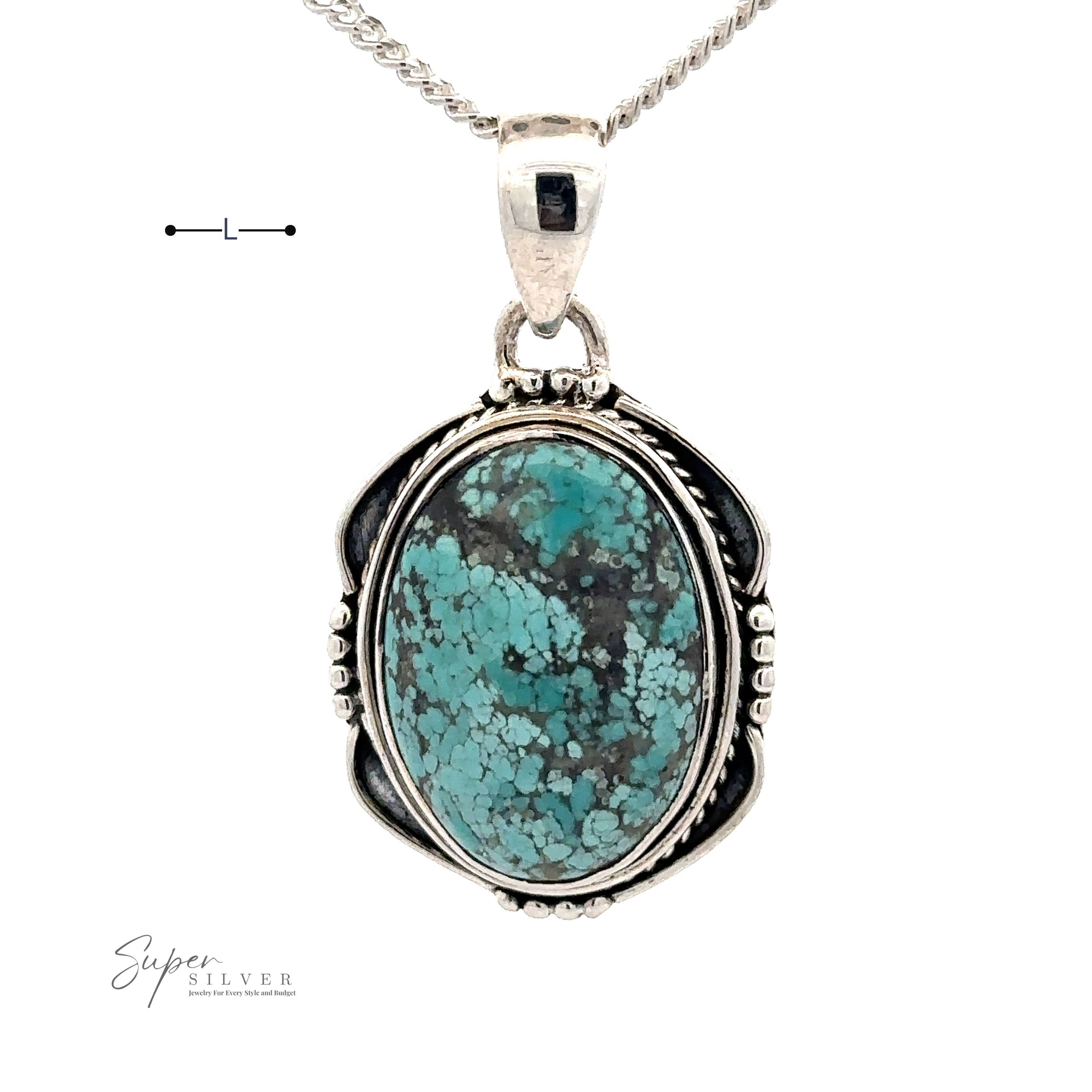 A Natural Turquoise Pendant with an Oval Shield Setting featuring a large natural turquoise stone. The chain, made of sterling silver, is visible, and the background is plain white.